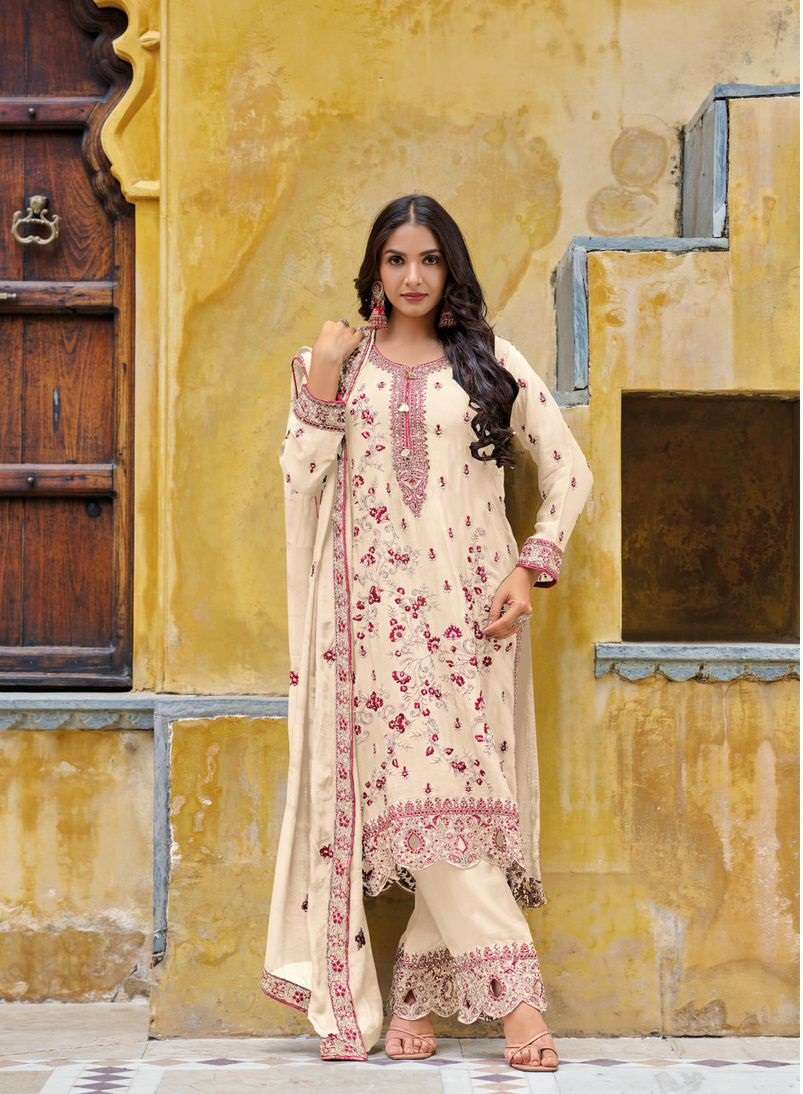 INDIAN DESIGNER FANCY WEDDING PARTY WEAR BEIGE COLOR CHINON PAKISTANI SALWAR SUIT RH BIN SAEED 1002