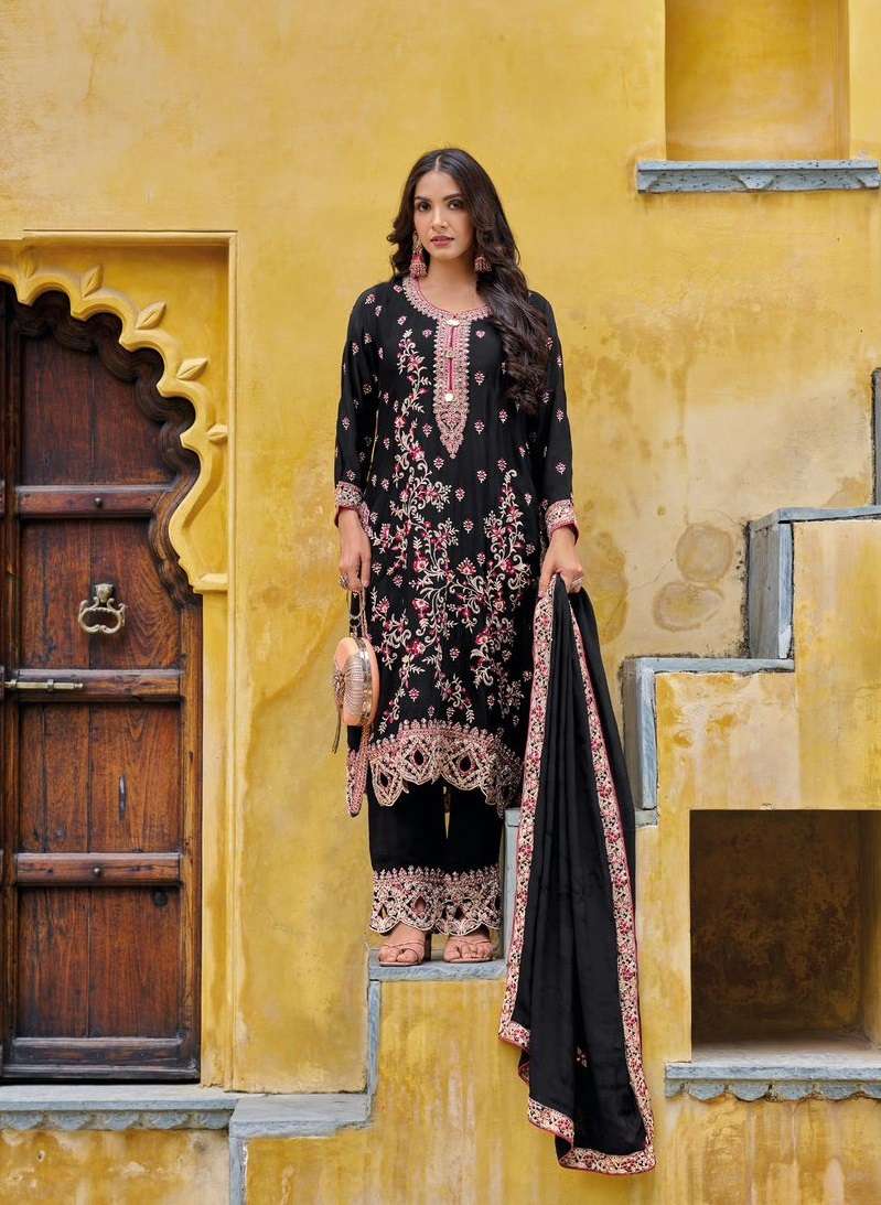 INDIAN DESIGNER FANCY WEDDING PARTY WEAR BLACK CHINON PAKISTANI SALWAR SUIT RH BIN SAEED 1001