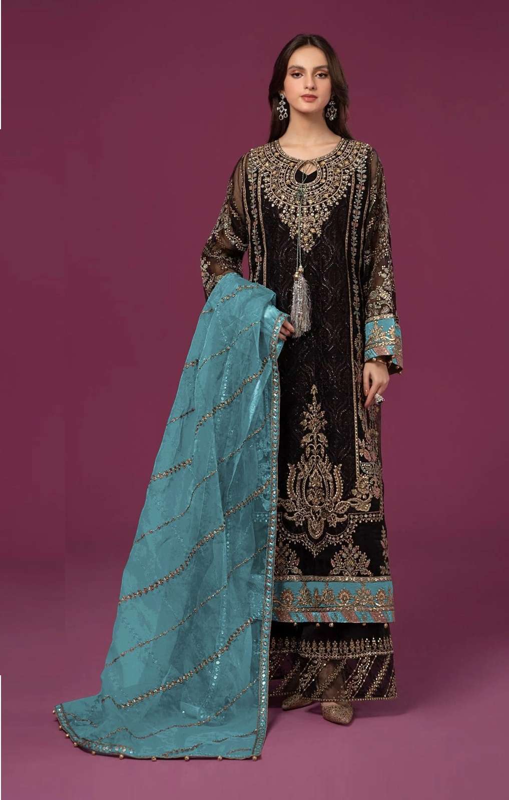 INDIAN DESIGNER FANCY WEDDING PARTY WEAR BLACK GEORGETTE PAKISTANI STRAIGHT SALWAR SUIT SRH 1111 A