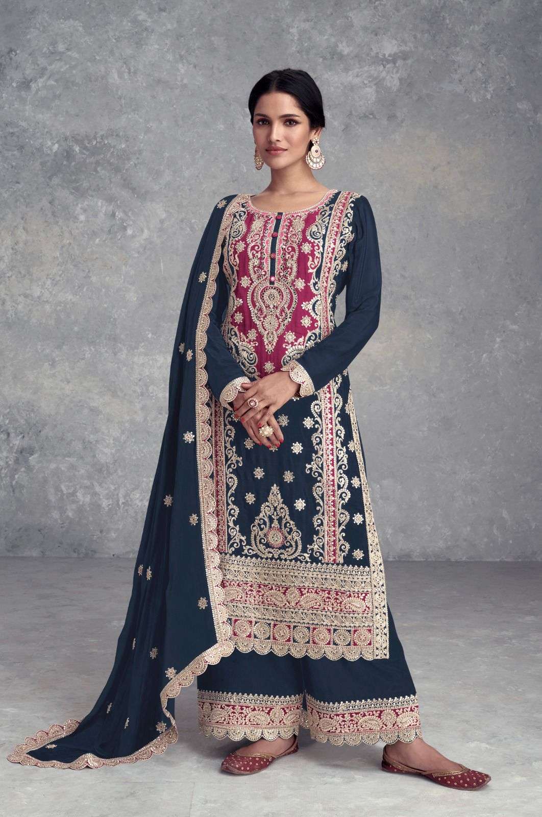 INDIAN DESIGNER FANCY WEDDING PARTY WEAR BLUE CHINON SILK PALLAZO SHARARA SALWAR SUIT GL SAYRA 7482 C