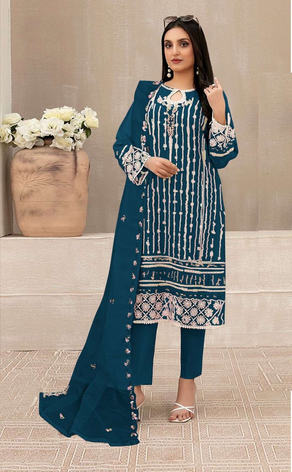 INDIAN DESIGNER FANCY WEDDING PARTY WEAR BLUE GEORGETTE PAKISTANI STRAIGHT SALWAR SUIT SRH 1113 E