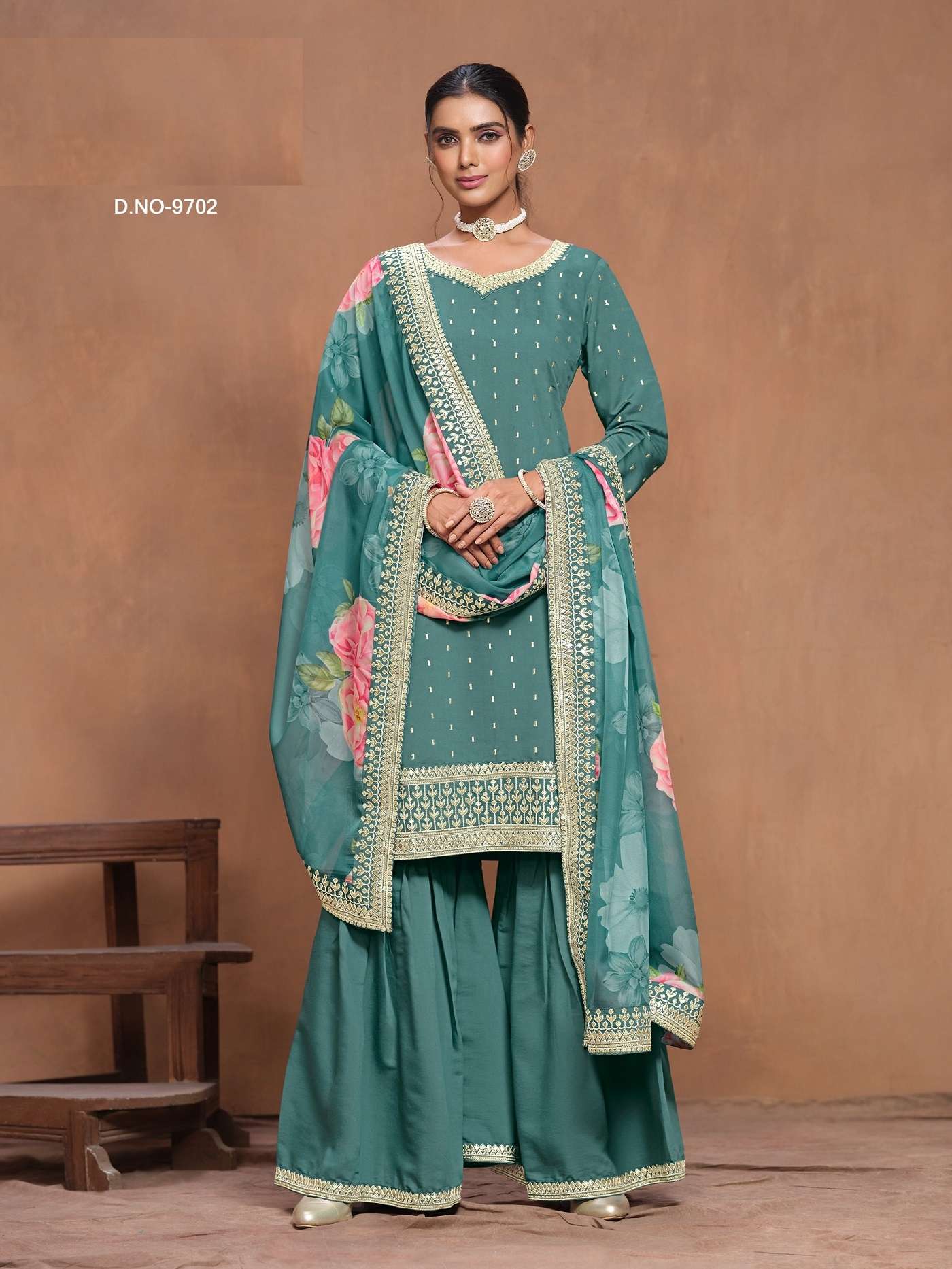 INDIAN DESIGNER FANCY WEDDING PARTY WEAR BLUE SILK PALLAZO SHARARA SALWAR SUIT AF ANY 9702