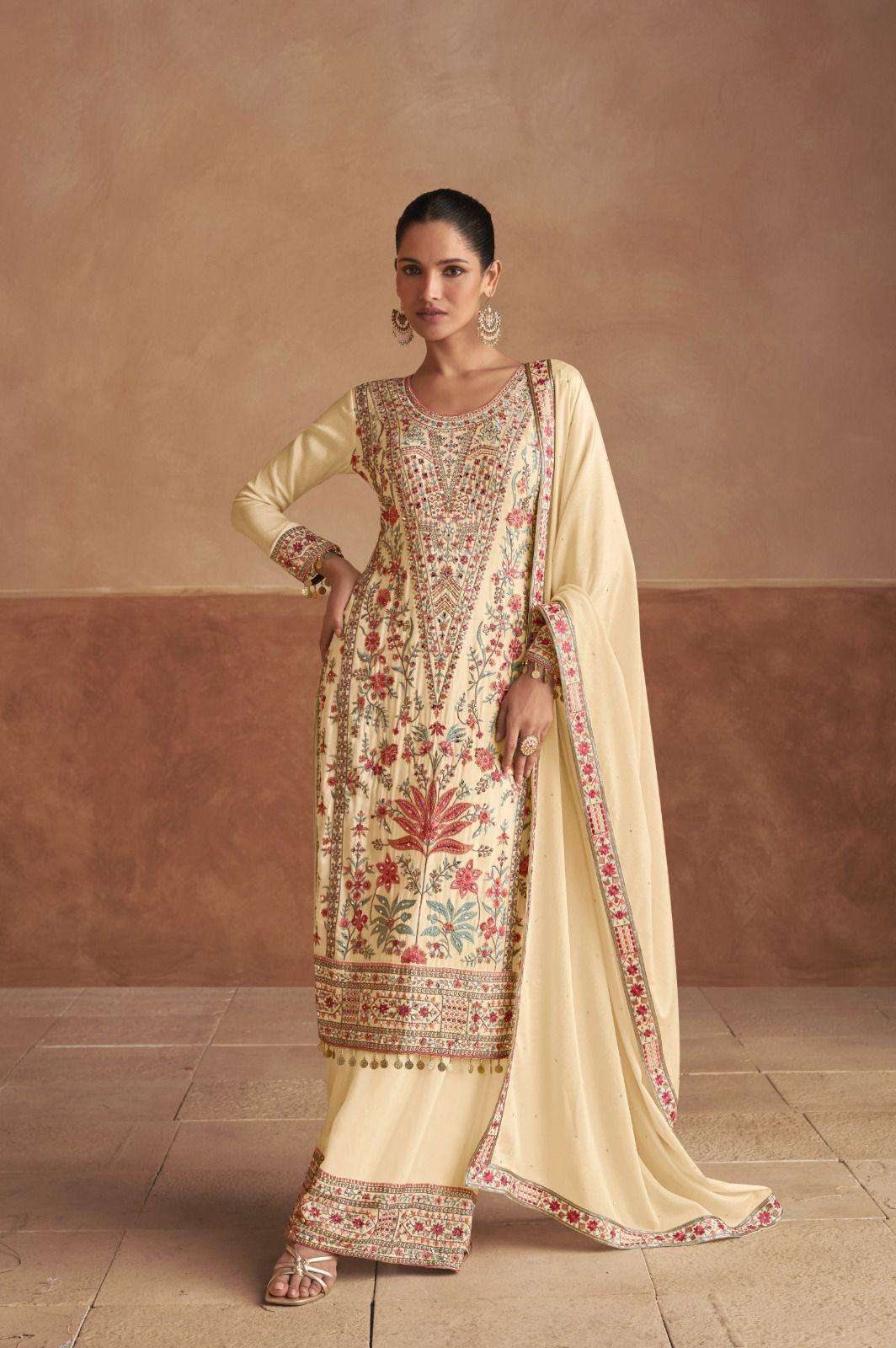 INDIAN DESIGNER FANCY WEDDING PARTY WEAR CHINON BEIGE CHIKU PAKISTANI STRAIGHT SALWAR SUIT GL SAJDA 1001 B