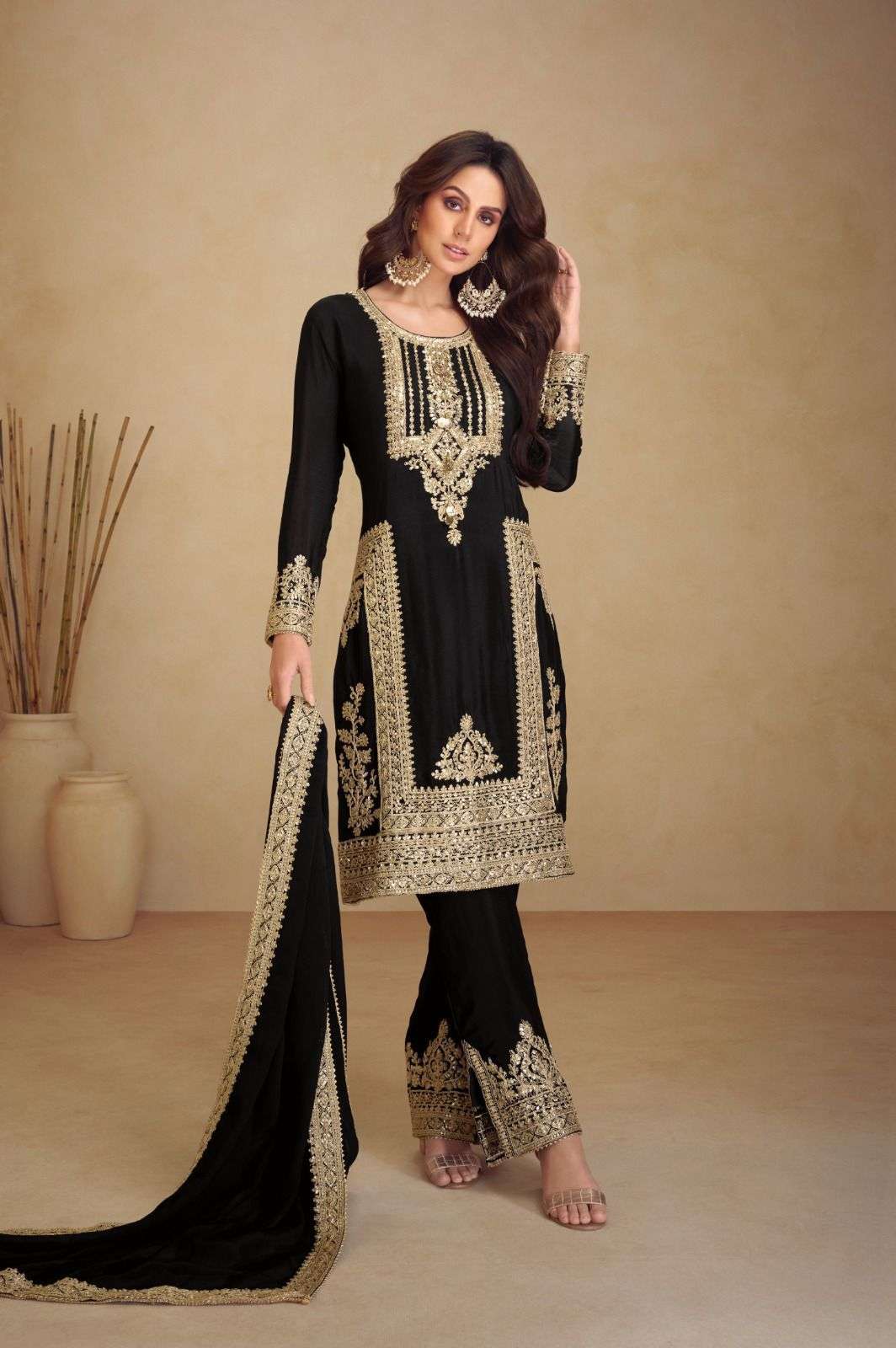 INDIAN DESIGNER FANCY WEDDING PARTY WEAR CHINON BLACK PAKISTANI STRAIGHT SALWAR SUIT GL APSARA 7473 A