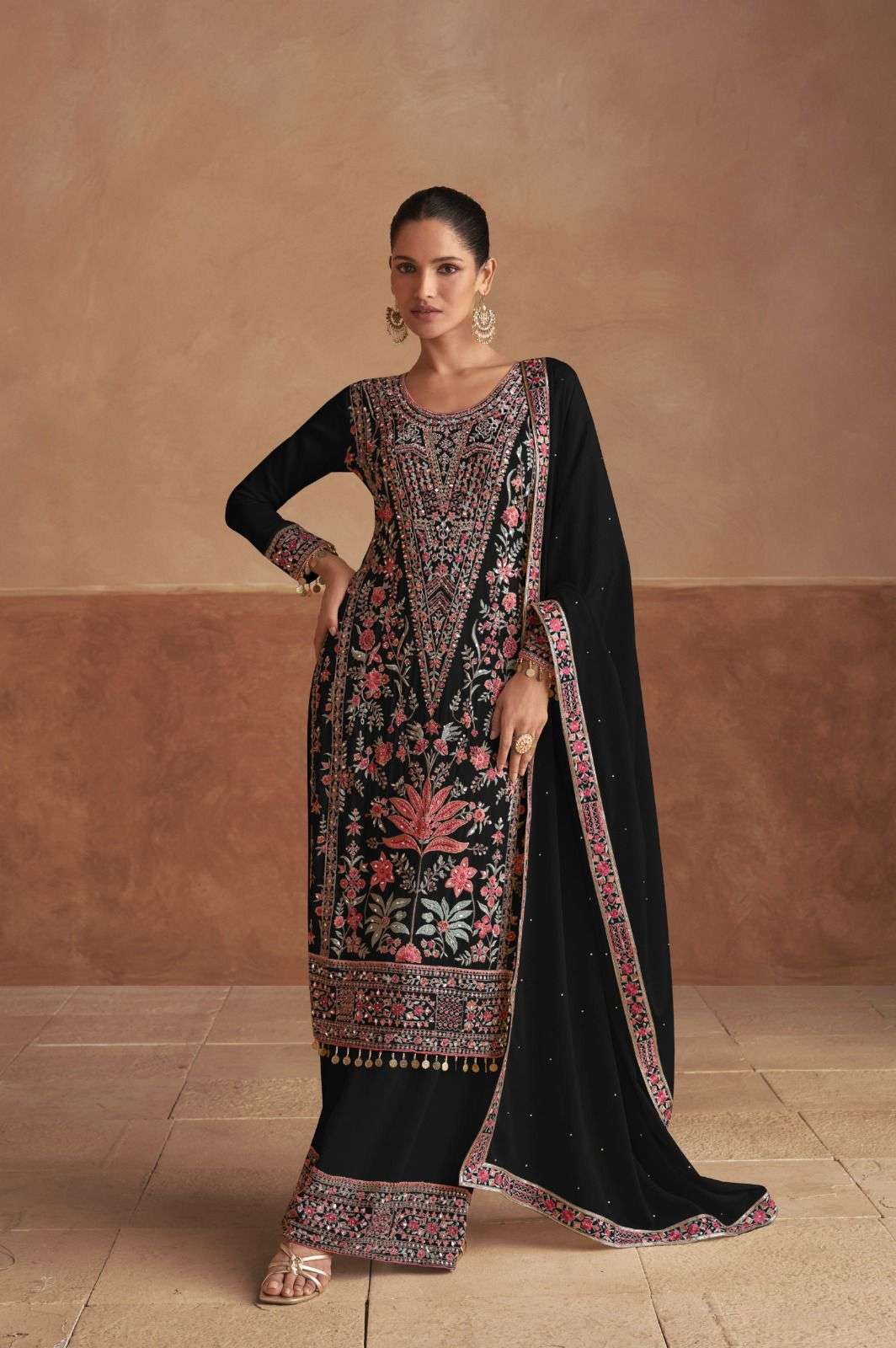 INDIAN DESIGNER FANCY WEDDING PARTY WEAR CHINON BLACK PAKISTANI STRAIGHT SALWAR SUIT GL SAJDA 1001 A