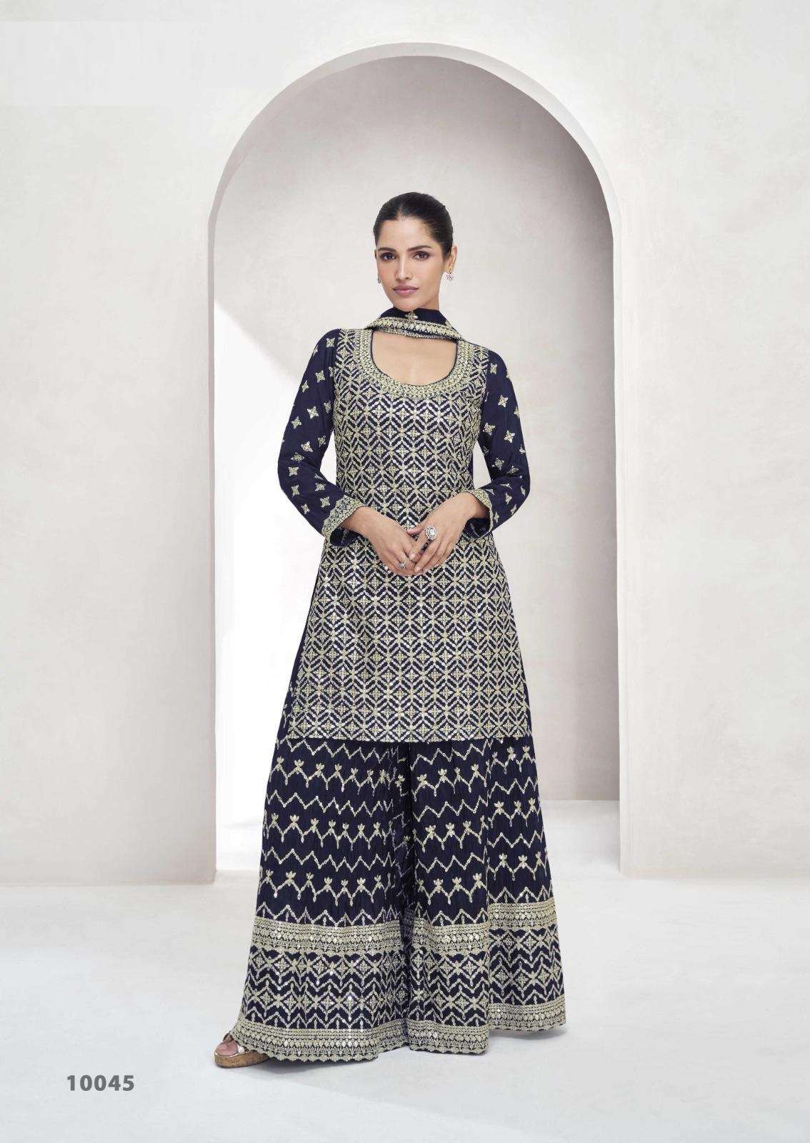 INDIAN DESIGNER FANCY WEDDING PARTY WEAR CHINON BLUE PAKISTANI SHARARA SALWAR SUIT AF SAACHI 10045