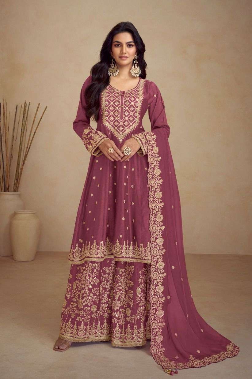 INDIAN DESIGNER FANCY WEDDING PARTY WEAR CHINON DEEP PINK PALLAZO SHARARA SALWAR SUIT GL RIHAANA 7467 C