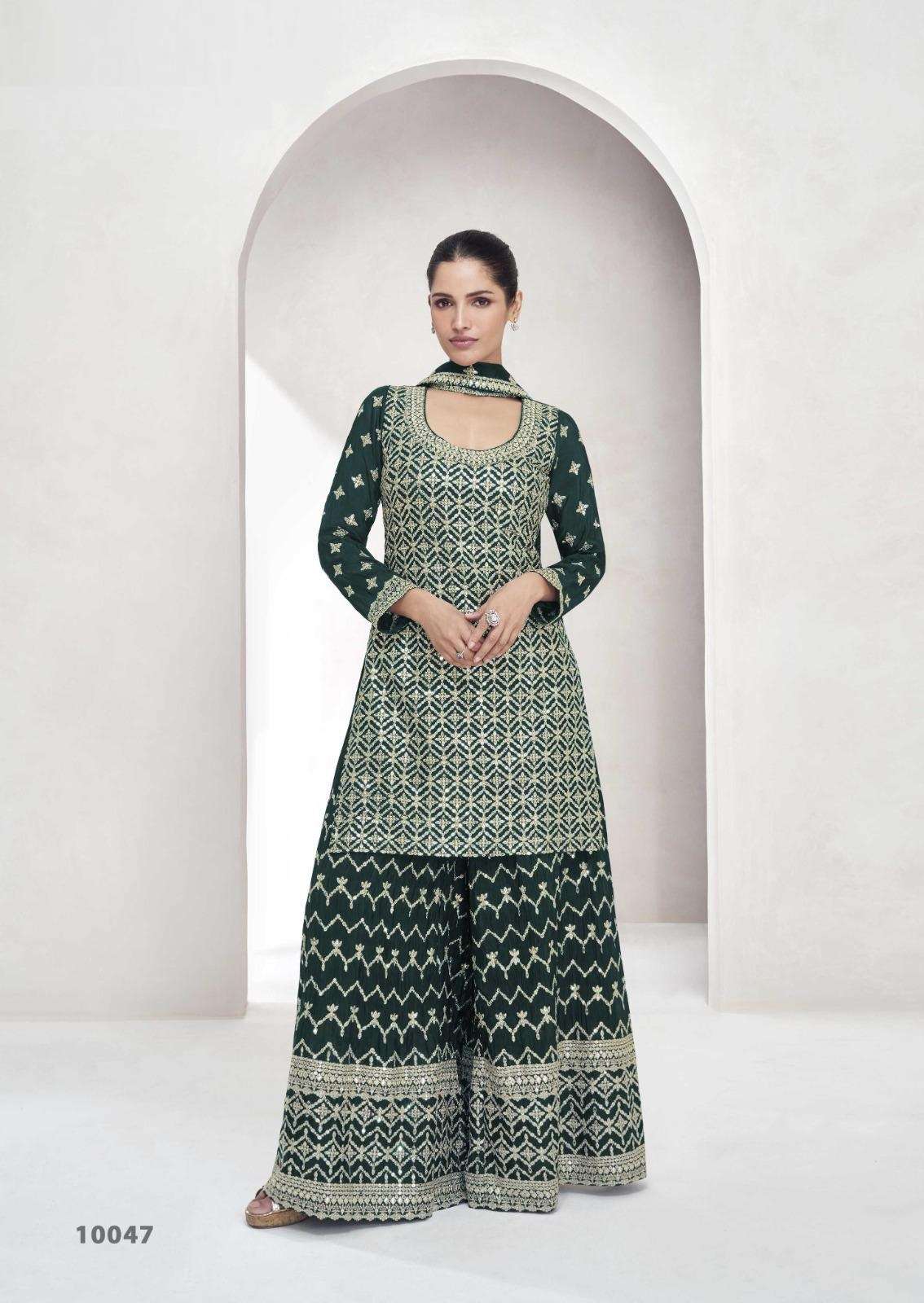 INDIAN DESIGNER FANCY WEDDING PARTY WEAR CHINON GREEN PAKISTANI SHARARA SALWAR SUIT AF SAACHI 10047