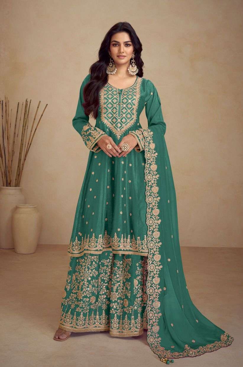 INDIAN DESIGNER FANCY WEDDING PARTY WEAR CHINON GREEN PALLAZO SHARARA SALWAR SUIT GL RIHAANA 7467 B