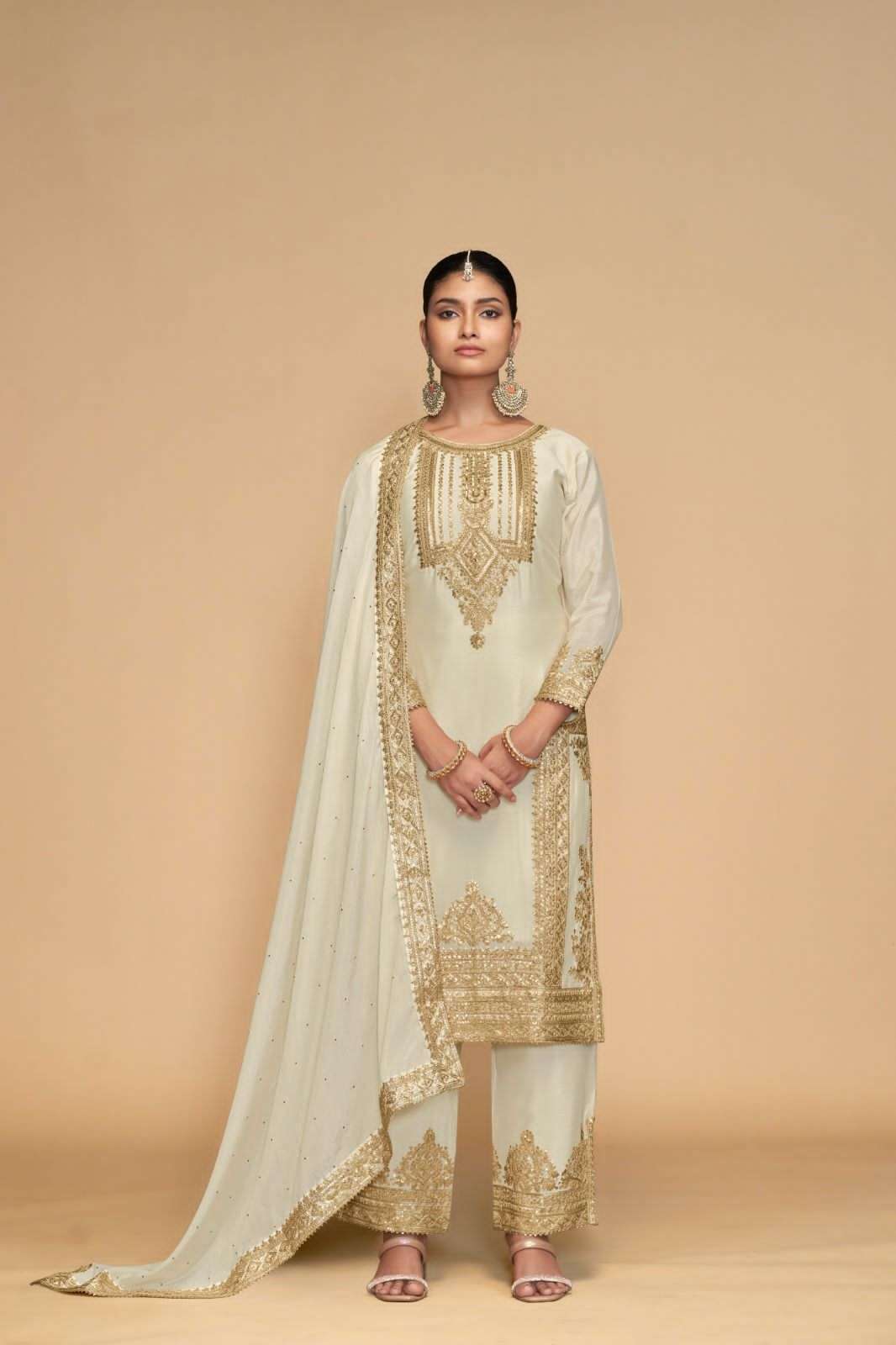 INDIAN DESIGNER FANCY WEDDING PARTY WEAR CHINON OFF WHITE PAKISTANI STRAIGHT SALWAR SUIT GL APSARA 7473 B