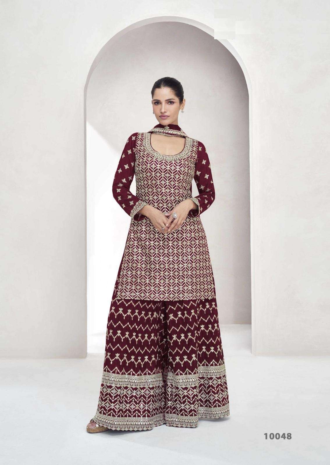 INDIAN DESIGNER FANCY WEDDING PARTY WEAR CHINON RED PAKISTANI SHARARA SALWAR SUIT AF SAACHI 10048