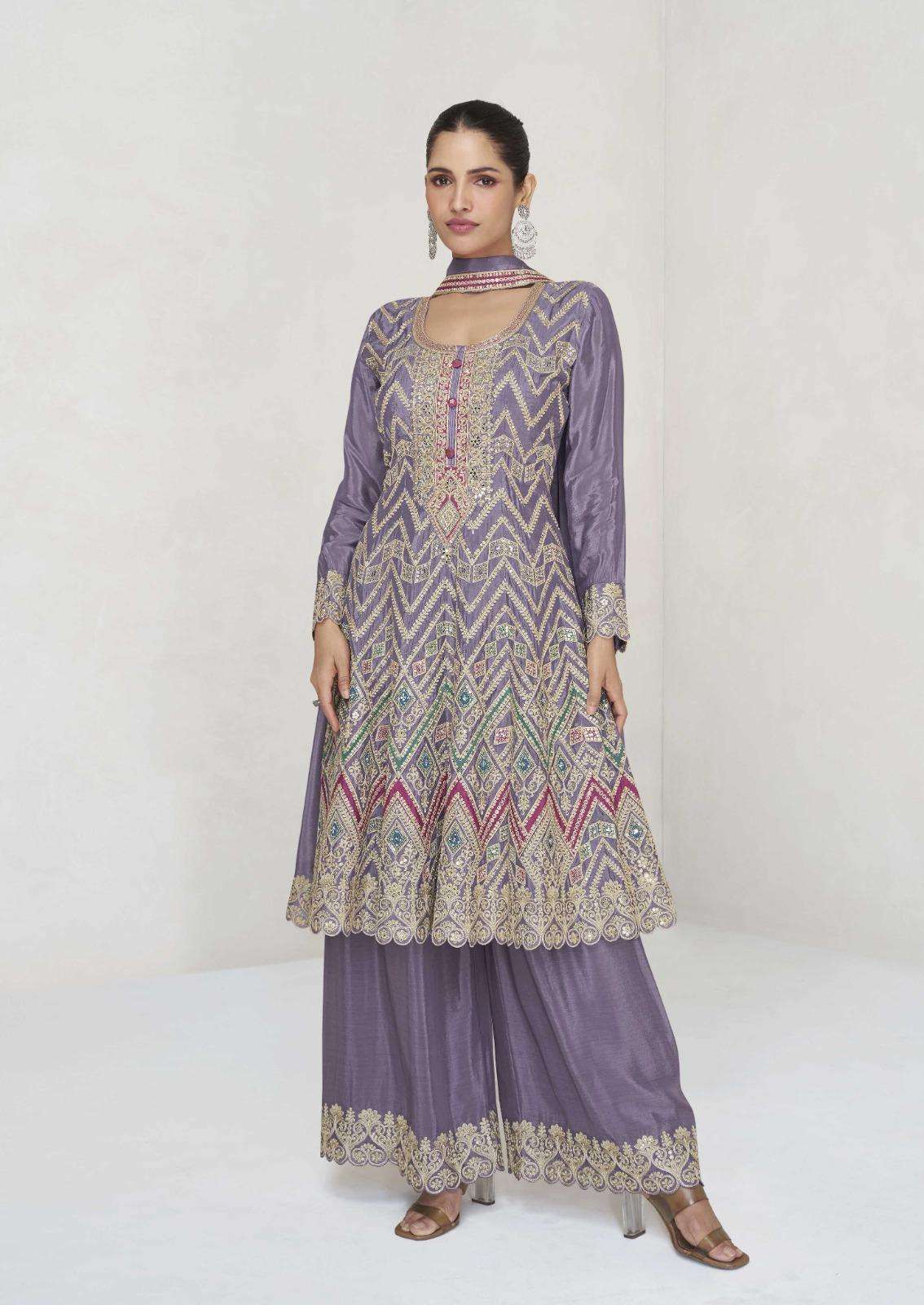 INDIAN DESIGNER FANCY WEDDING PARTY WEAR CHINON SILK LAVENDER PALLAZO SHARARA SALWAR SUIT AF VAANI 10030