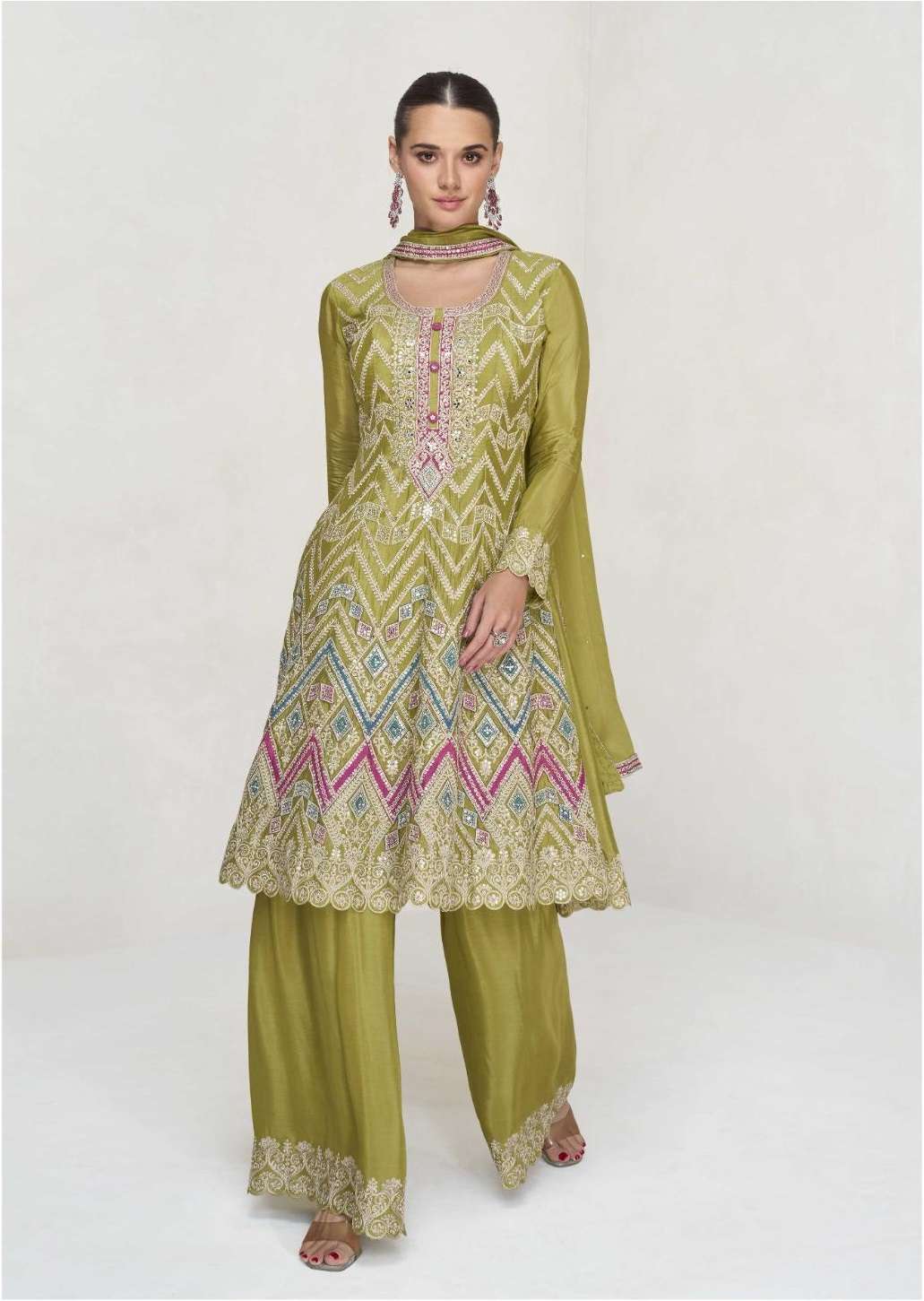 INDIAN DESIGNER FANCY WEDDING PARTY WEAR CHINON SILK GREEN PALLAZO SHARARA SALWAR SUIT AF VAANI 1