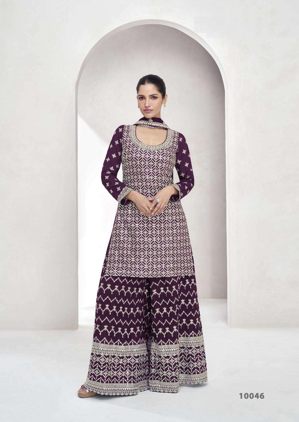 INDIAN DESIGNER FANCY WEDDING PARTY WEAR CHINON WINE PAKISTANI SHARARA SALWAR SUIT AF SAACHI 10046