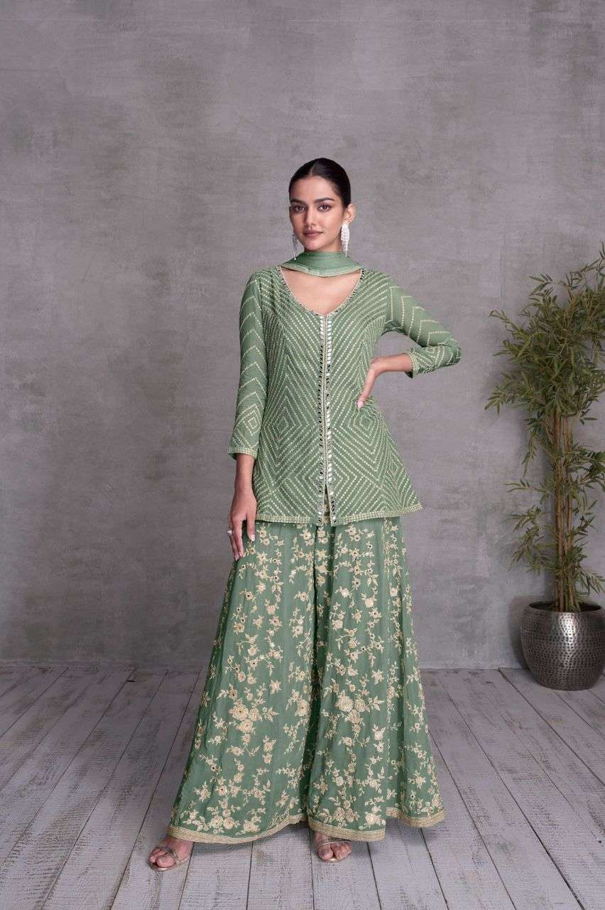 INDIAN DESIGNER FANCY WEDDING PARTY WEAR GREEN CHINON PALLAZO SHARARA SALWAR SUIT GL QUEEN 7434