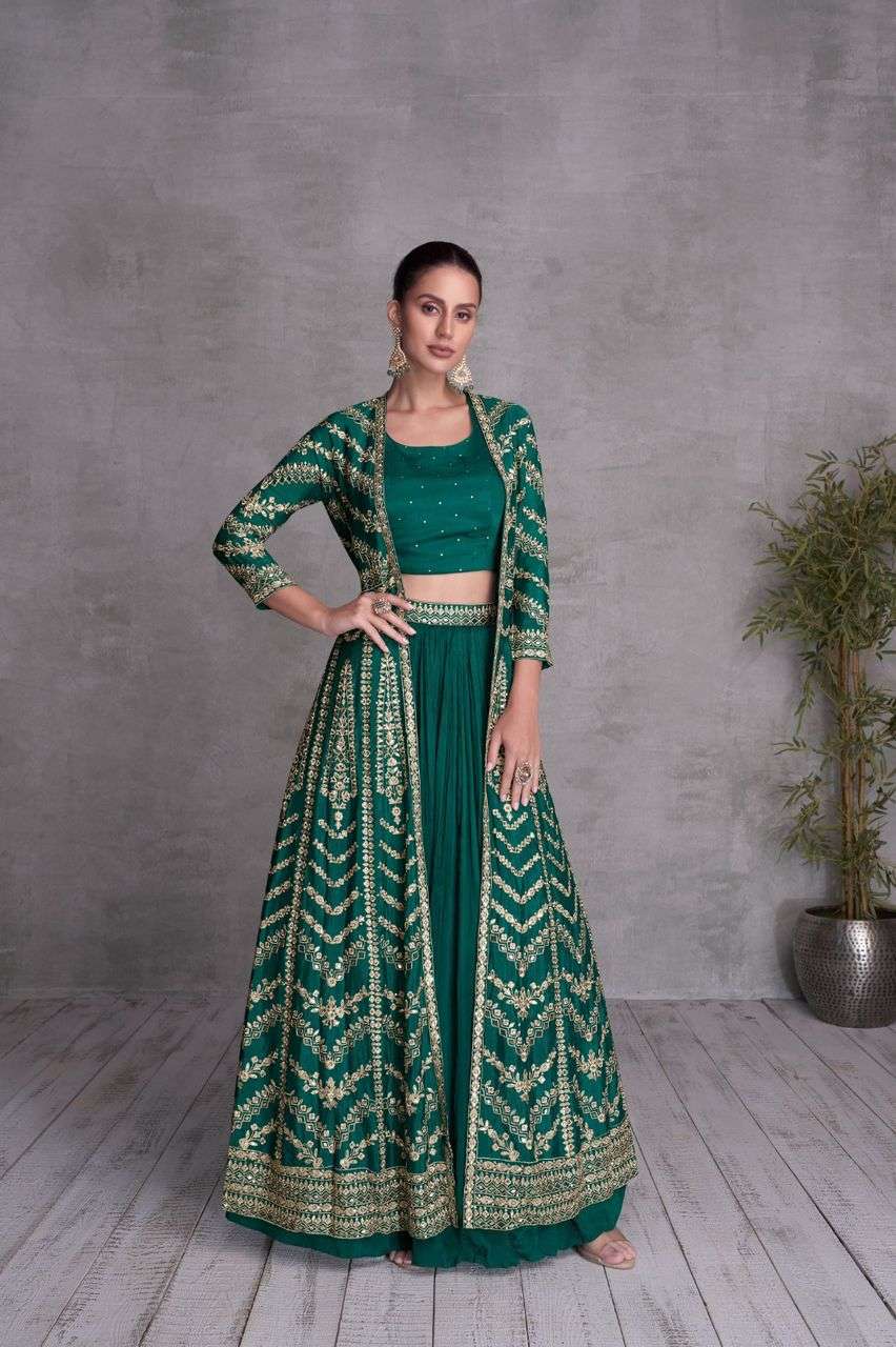 INDIAN DESIGNER FANCY WEDDING PARTY WEAR GREEN CHINON PALLAZO SHARARA SALWAR SUIT GL QUEEN 7437