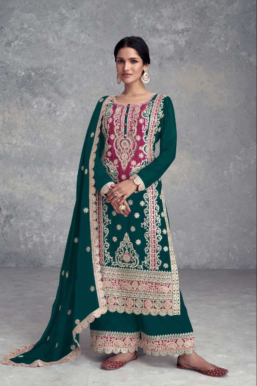 INDIAN DESIGNER FANCY WEDDING PARTY WEAR GREEN CHINON SILK PALLAZO SHARARA SALWAR SUIT GL SAYRA 7482 A