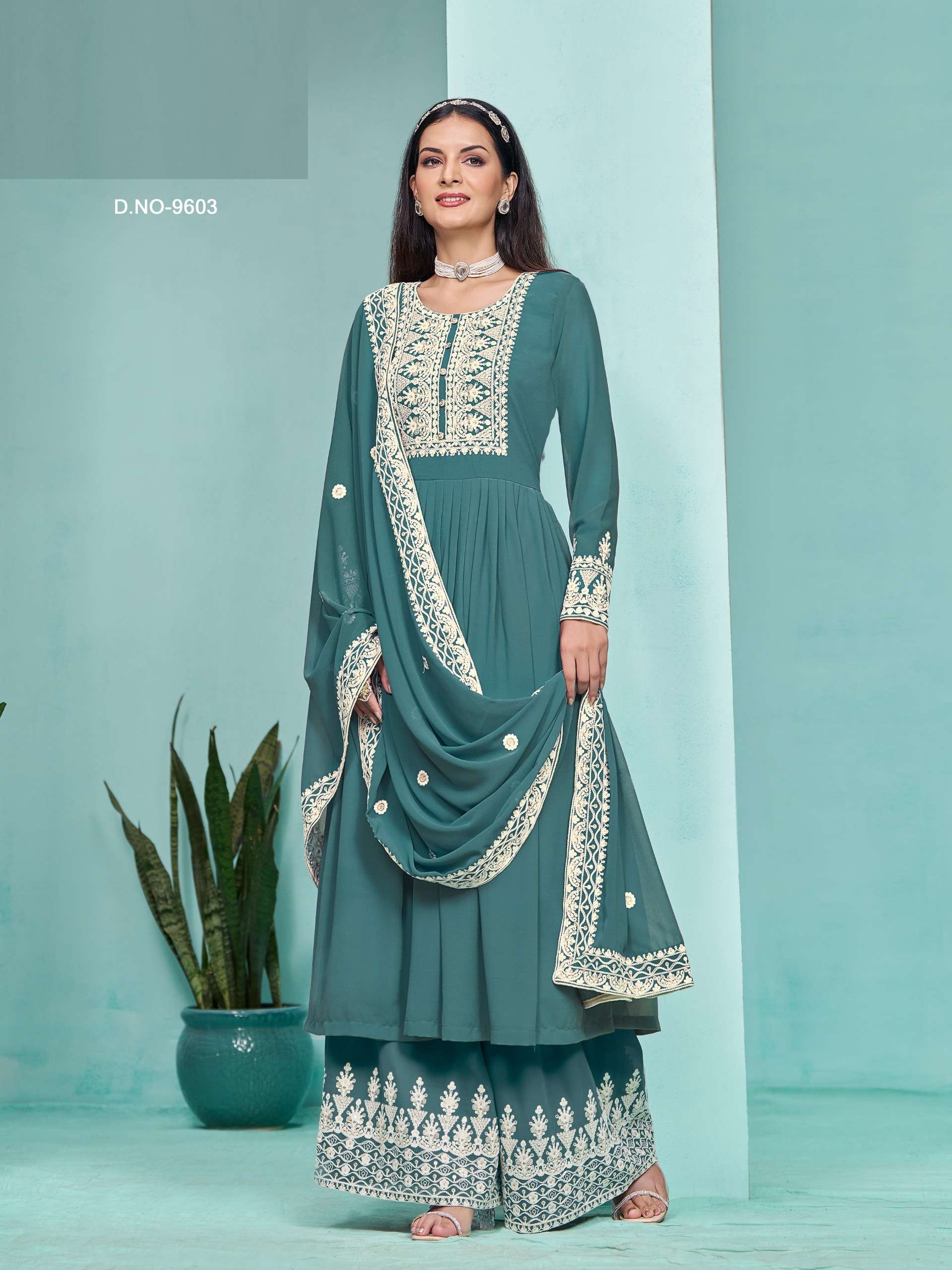 INDIAN DESIGNER FANCY WEDDING PARTY WEAR GREEN FAUX GEORGETTE PALLAZO SHARARA SALWAR SUIT ANY 9603