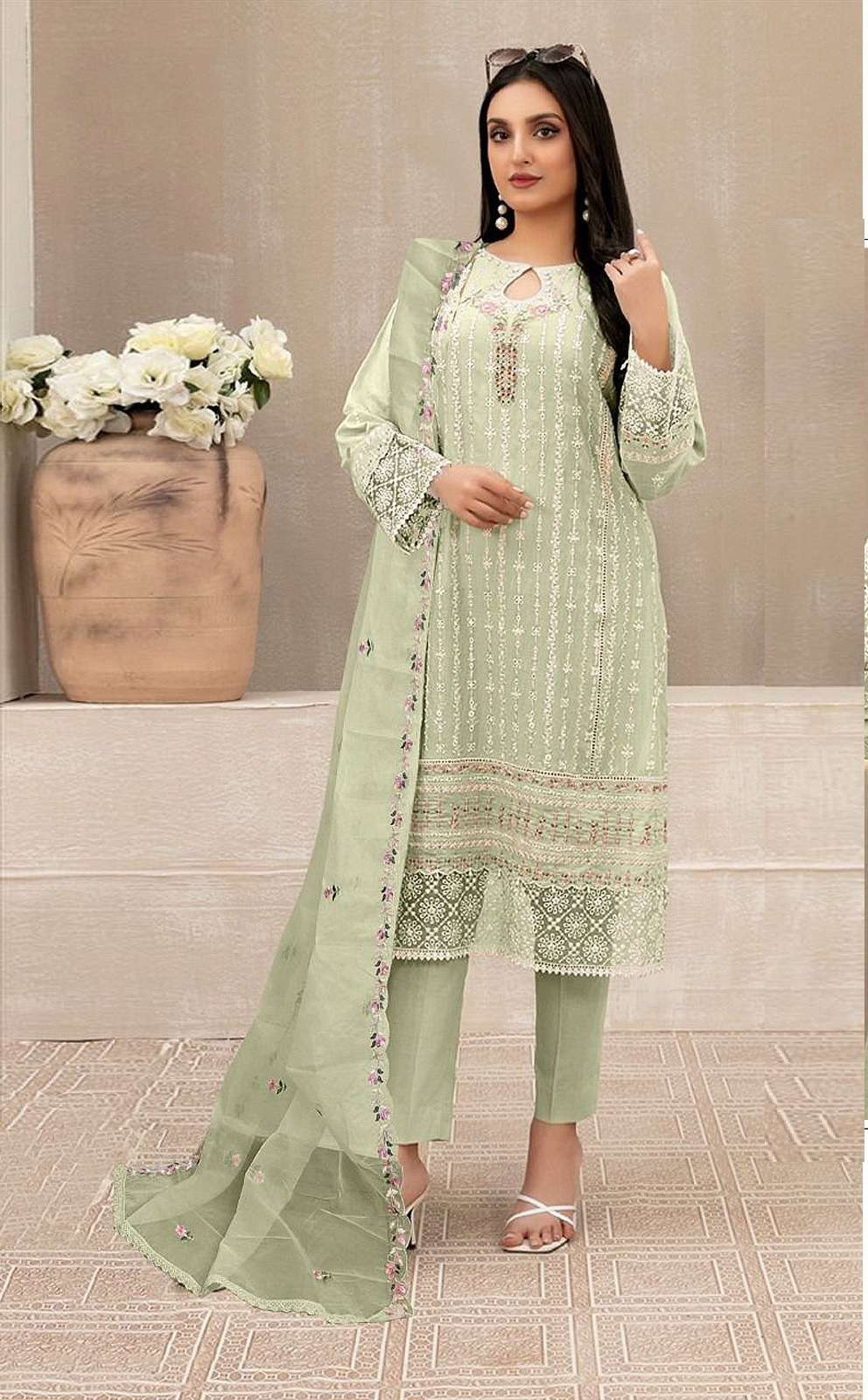 INDIAN DESIGNER FANCY WEDDING PARTY WEAR GREEN GEORGETTE PAKISTANI STRAIGHT SALWAR SUIT SRH 1113 A