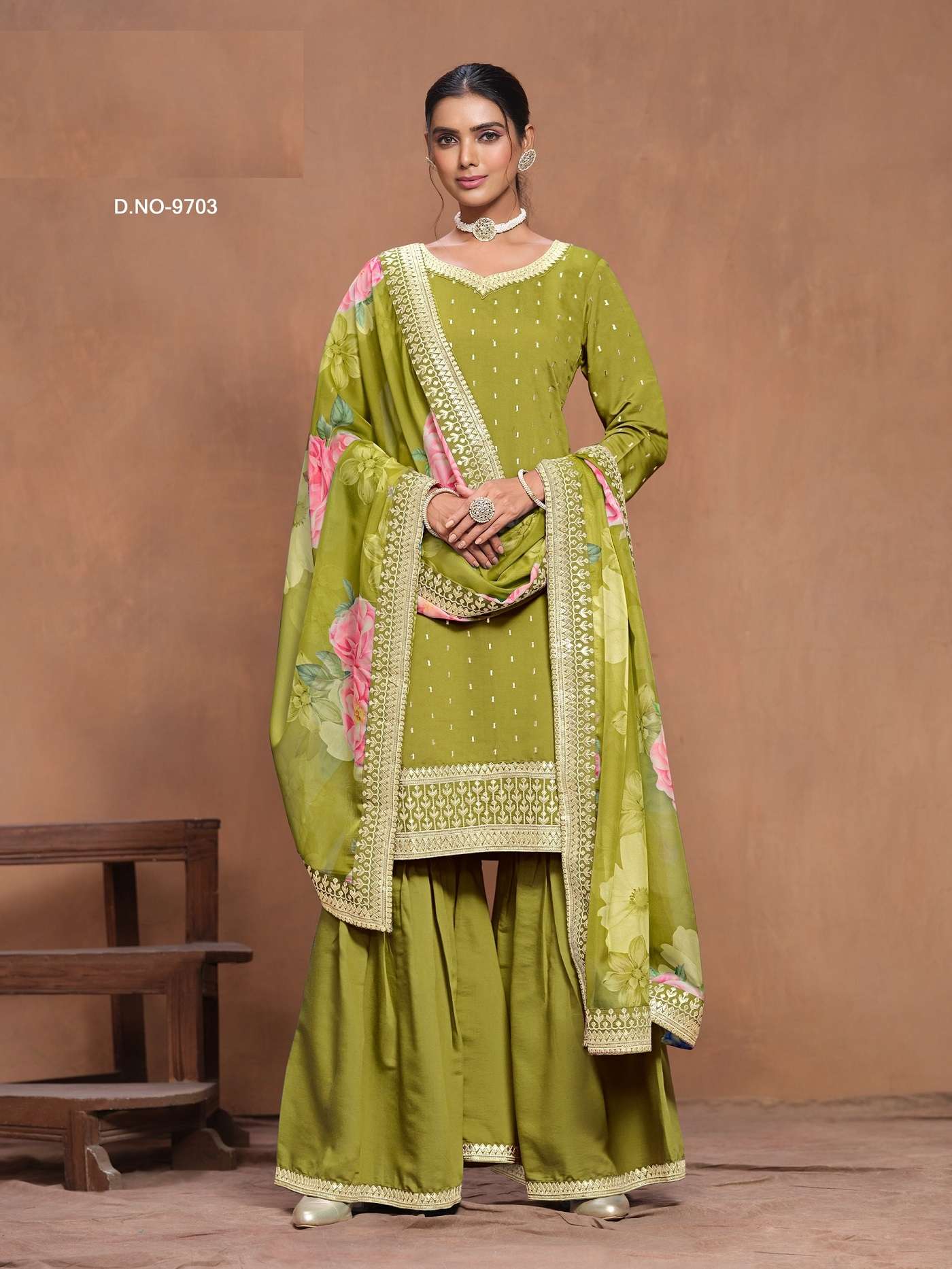 INDIAN DESIGNER FANCY WEDDING PARTY WEAR GREEN SILK PALLAZO SHARARA SALWAR SUIT AF ANY 9703