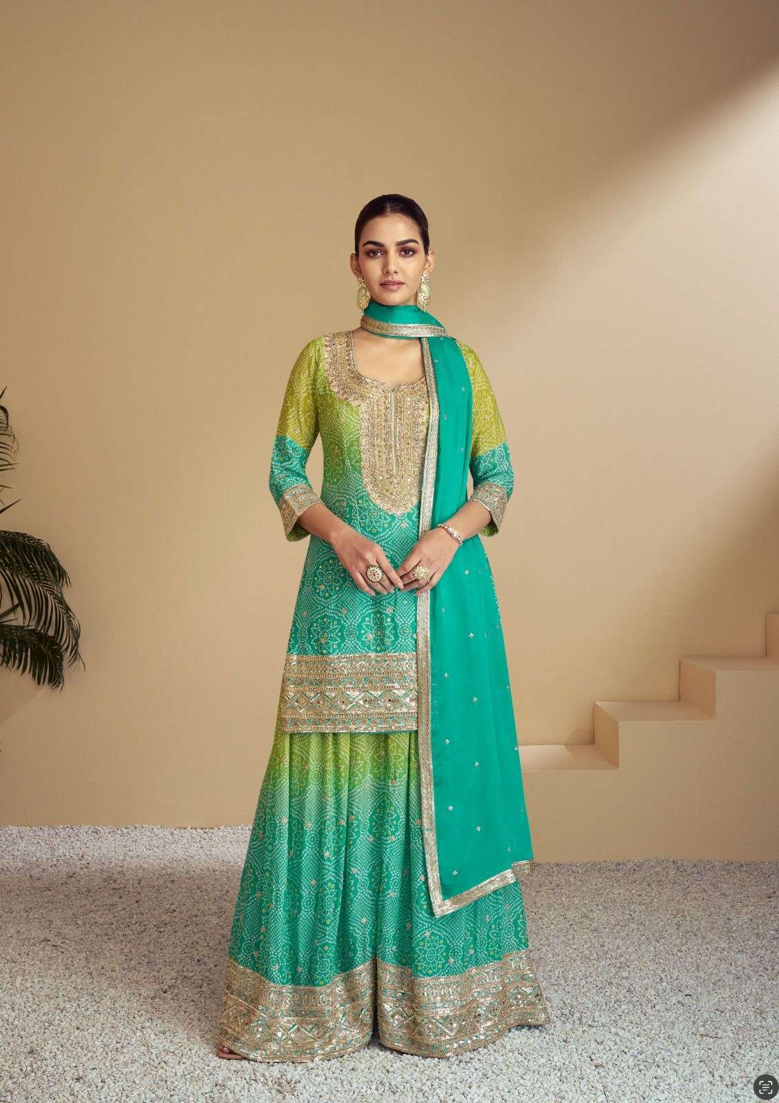 INDIAN DESIGNER FANCY WEDDING PARTY WEAR GREEN YELLOW CHINON PALLAZO SHARARA SALWAR SUIT GL FLORANCE 7483