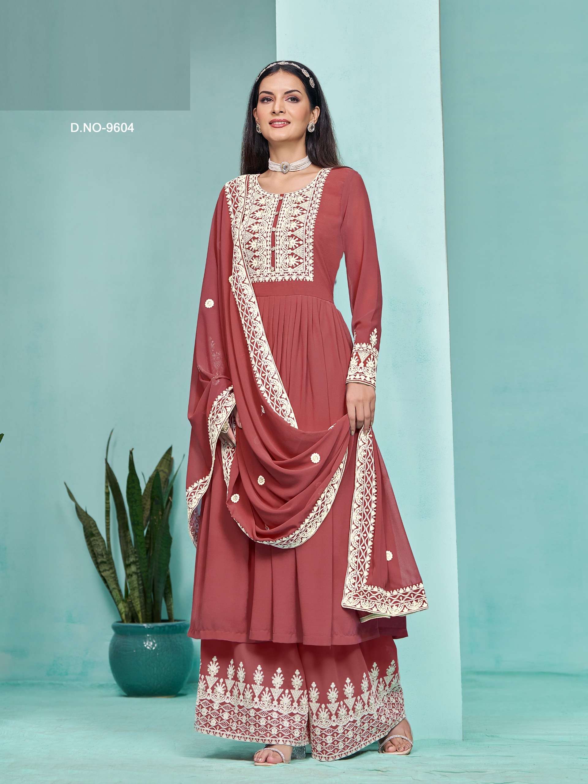 INDIAN DESIGNER FANCY WEDDING PARTY WEAR MAROON FAUX GEORGETTE PALLAZO SHARARA SALWAR SUIT ANY 9604