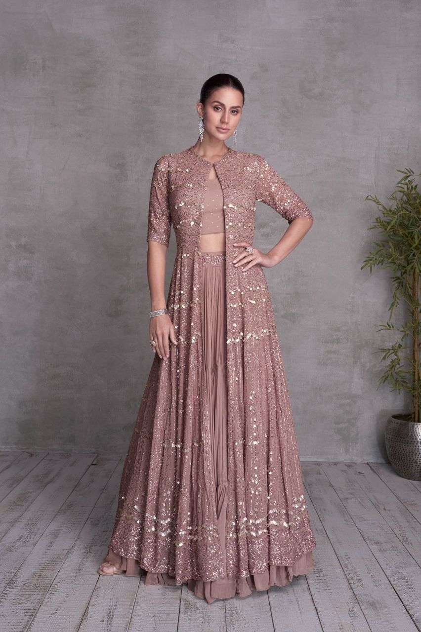 INDIAN DESIGNER FANCY WEDDING PARTY WEAR PEACH CHINON PALLAZO SHARARA SALWAR SUIT GL QUEEN 7435