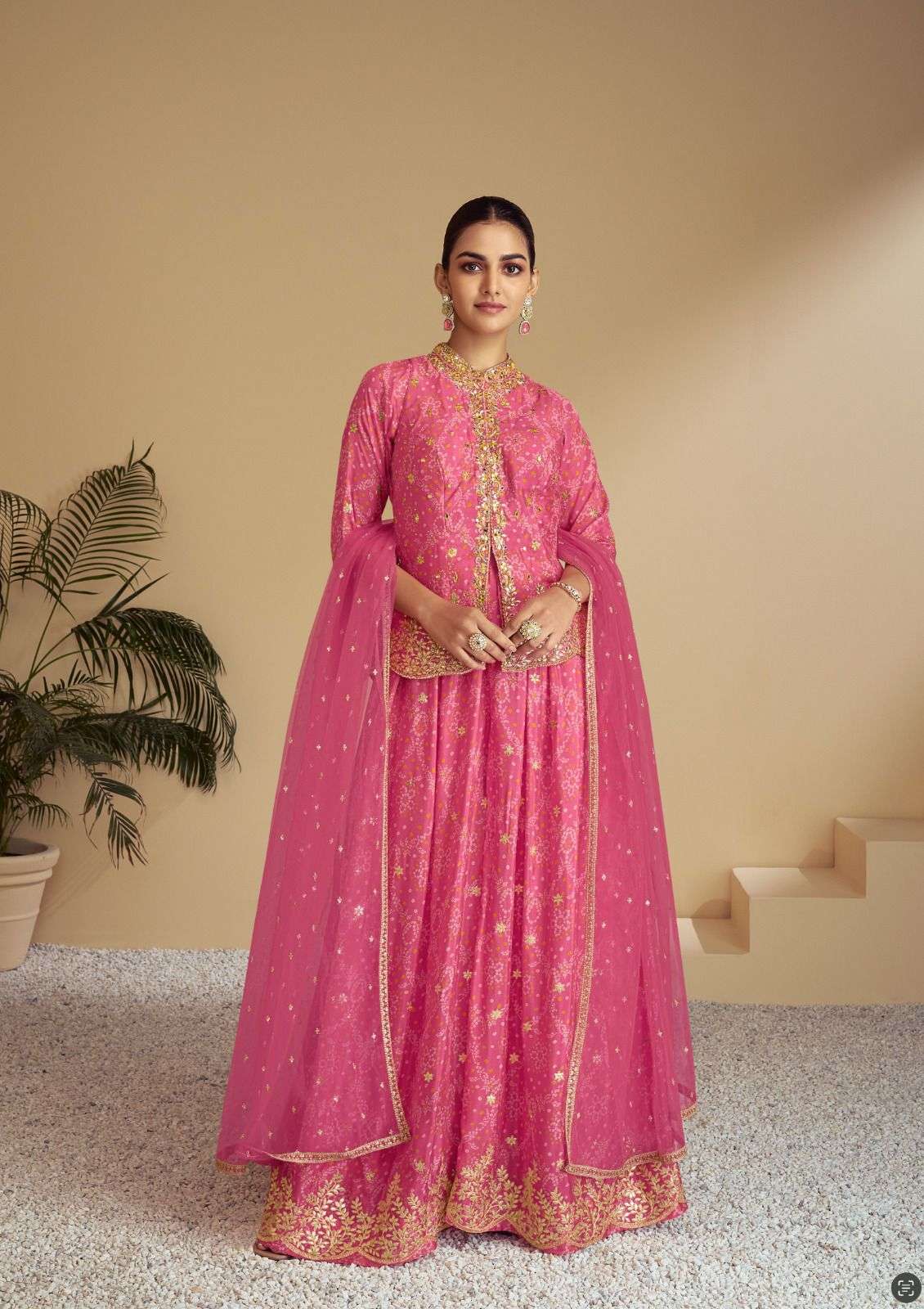 INDIAN DESIGNER FANCY WEDDING PARTY WEAR PINK CHINON PALLAZO SHARARA SALWAR SUIT GL FLORANCE 7483-7485