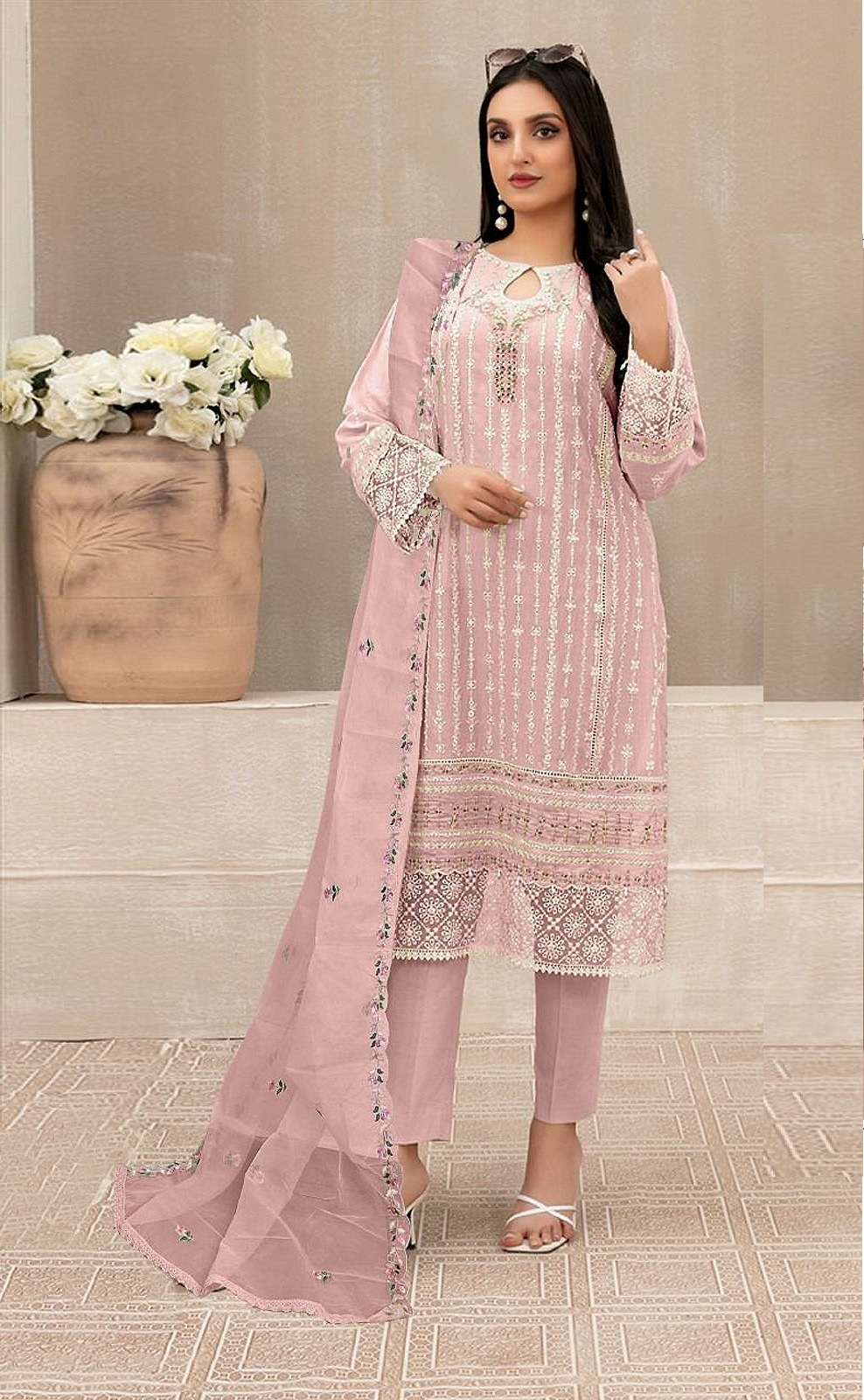 INDIAN DESIGNER FANCY WEDDING PARTY WEAR PINK GEORGETTE PAKISTANI STRAIGHT SALWAR SUIT SRH 1113 B