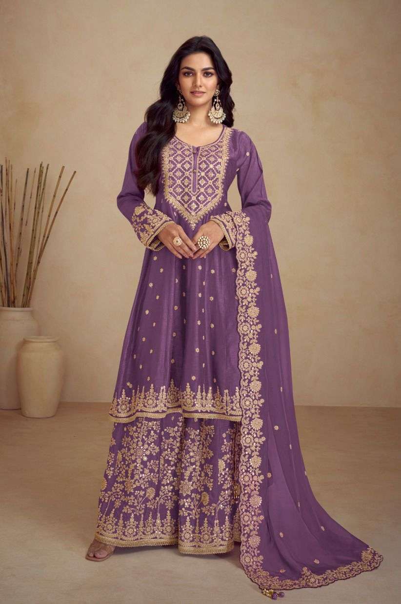 INDIAN DESIGNER FANCY WEDDING PARTY WEAR PURPLE CHINON PALLAZO SHARARA SALWAR SUIT GL RIHAANA 7467 A