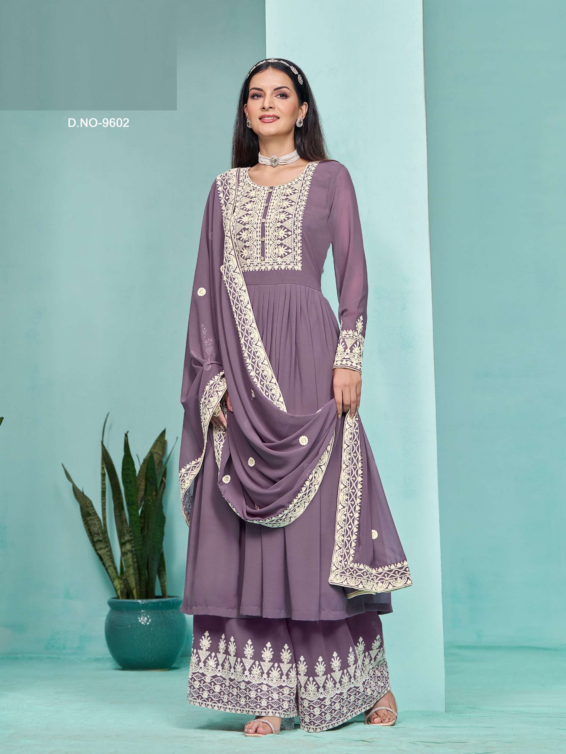 INDIAN DESIGNER FANCY WEDDING PARTY WEAR PURPLE FAUX GEORGETTE PALLAZO SHARARA SALWAR SUIT ANY 9602