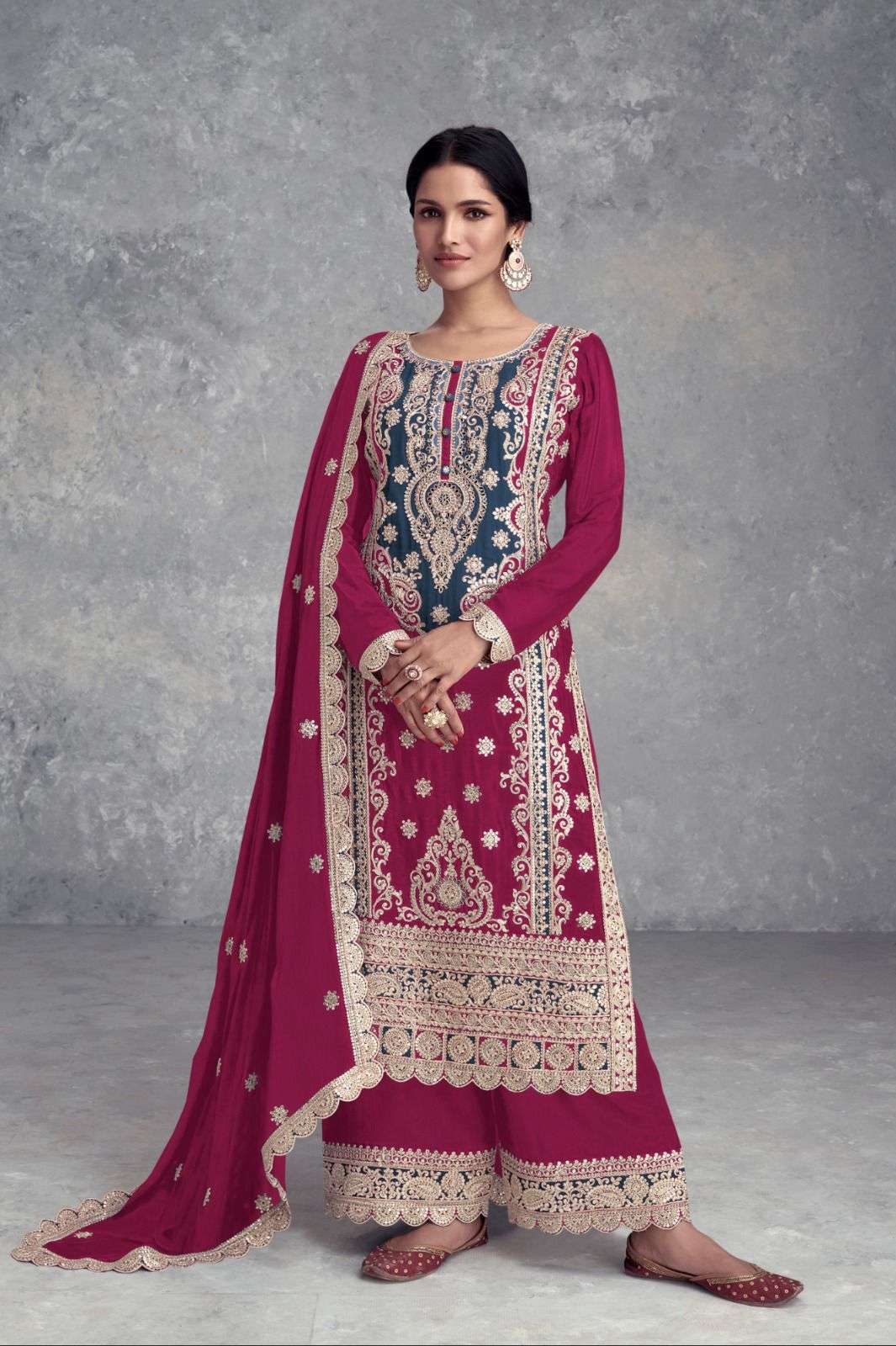 INDIAN DESIGNER FANCY WEDDING PARTY WEAR RED CHINON SILK PALLAZO SHARARA SALWAR SUIT GL SAYRA 7482 D