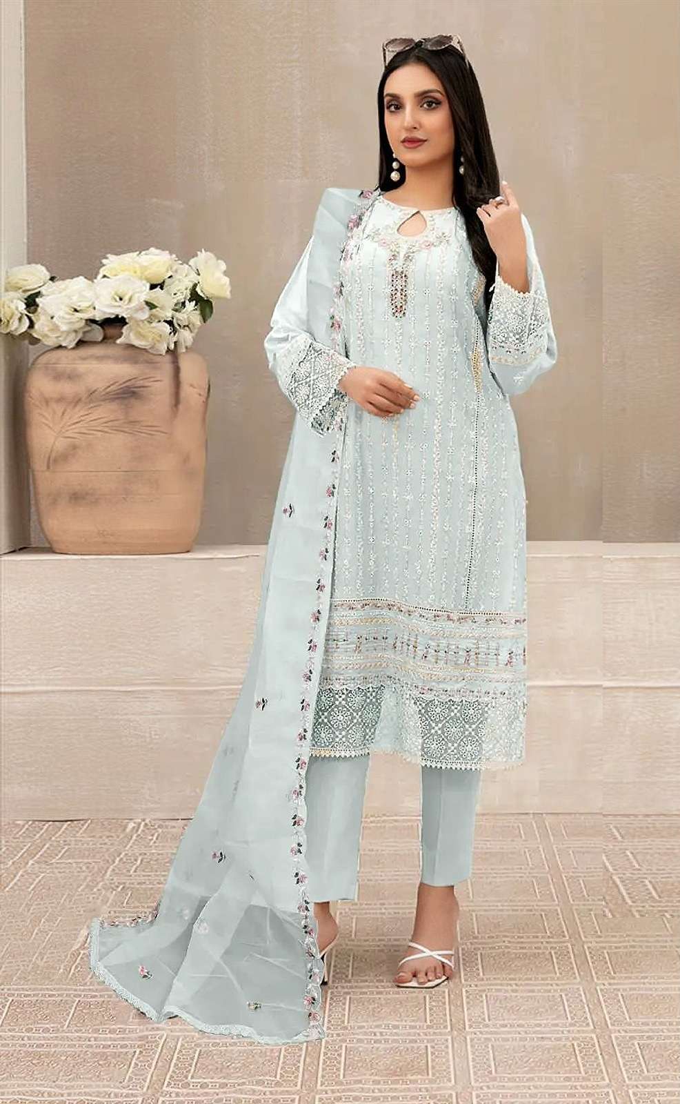 INDIAN DESIGNER FANCY WEDDING PARTY WEAR SKY BLUE GEORGETTE PAKISTANI STRAIGHT SALWAR SUIT SRH 1113 C