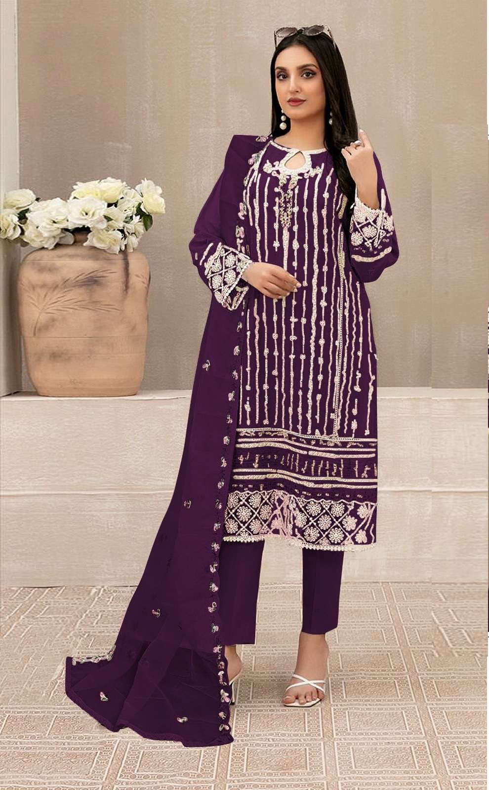 INDIAN DESIGNER FANCY WEDDING PARTY WEAR WINE GEORGETTE PAKISTANI STRAIGHT SALWAR SUIT SRH 1113 D