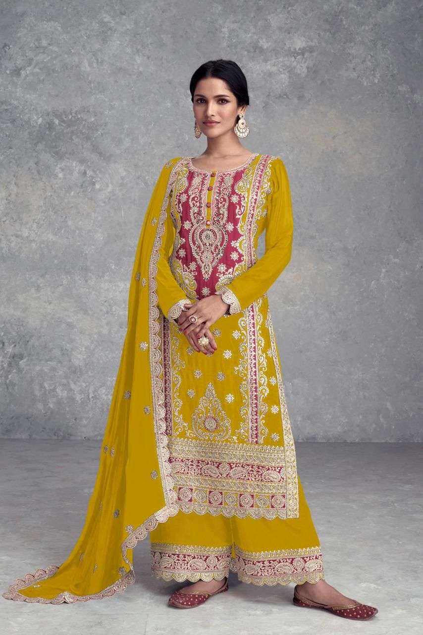 INDIAN DESIGNER FANCY WEDDING PARTY WEAR YELLOW CHINON SILK PALLAZO SHARARA SALWAR SUIT GL SAYRA 7482 B