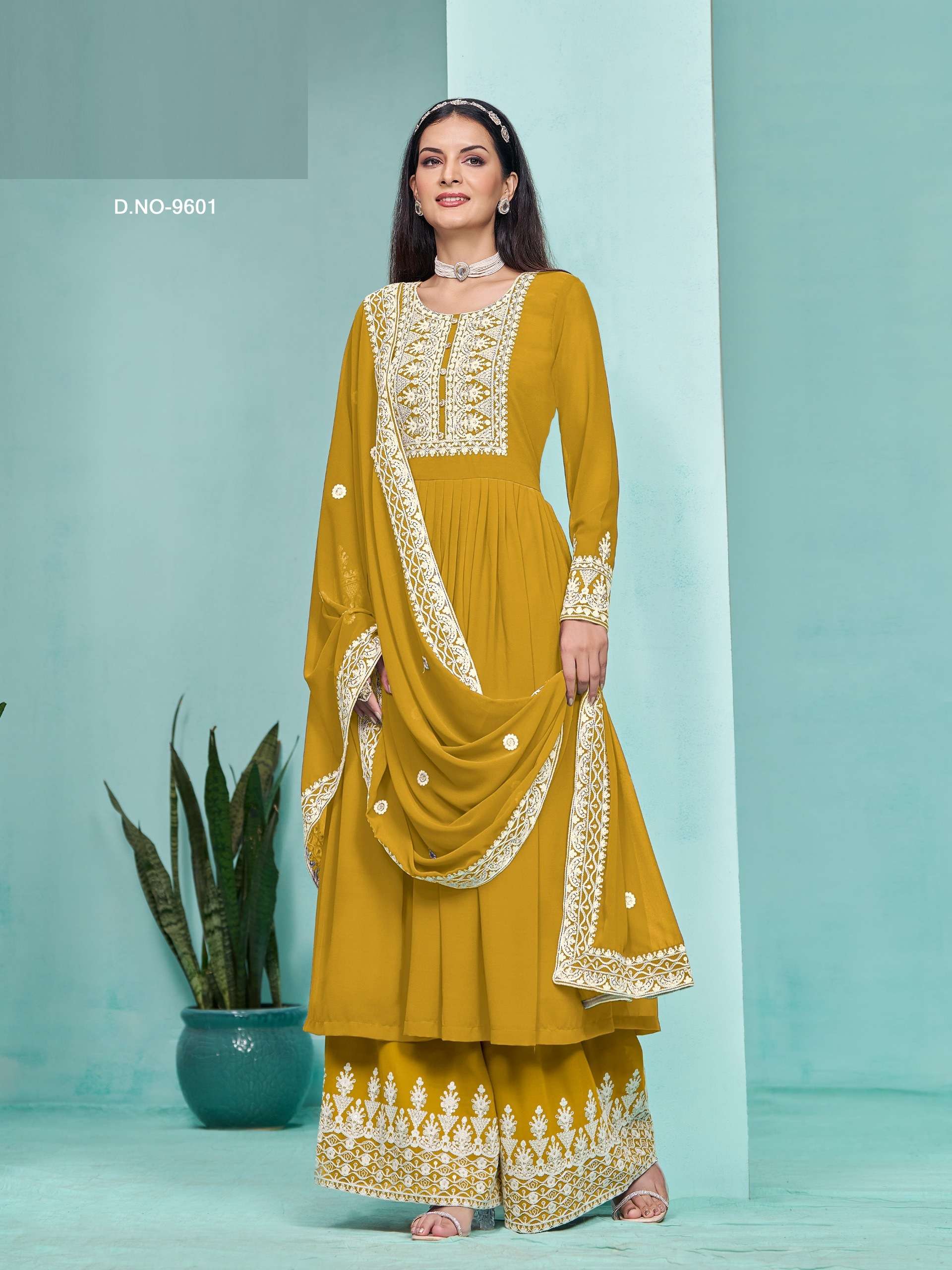 INDIAN DESIGNER FANCY WEDDING PARTY WEAR YELLOW FAUX GEORGETTE PALLAZO SHARARA SALWAR SUIT ANY 9601