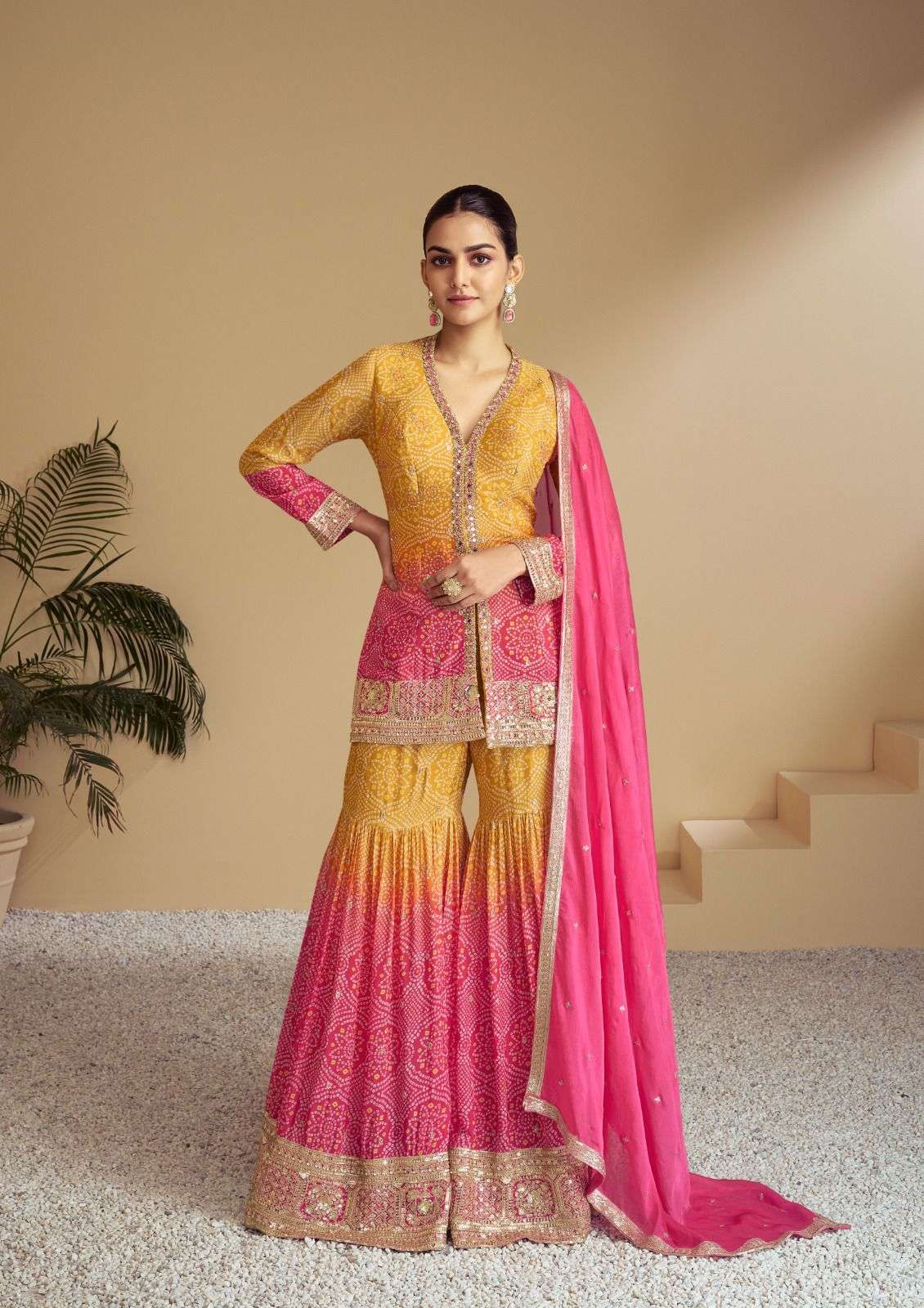 INDIAN DESIGNER FANCY WEDDING PARTY WEAR YELLOW PINK CHINON PALLAZO SHARARA SALWAR SUIT GL FLORANCE 7485