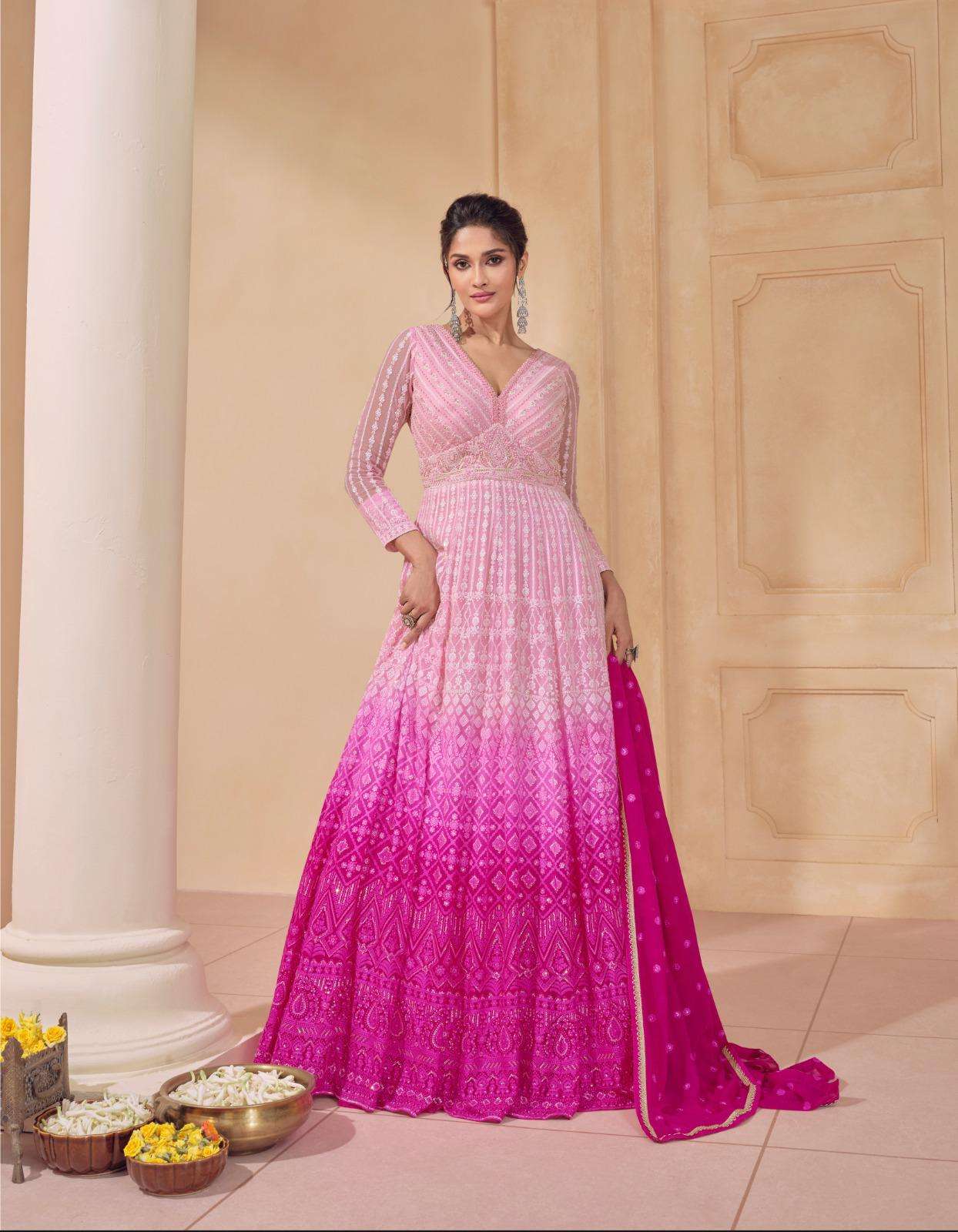 LATEST DESIGNER REAL GEORGETTE PINK ANARKALI GOWN FOR WEDDING PARTY WEAR SALWAR SUIT LONG GOWN SAYURI DASTOOR 5524