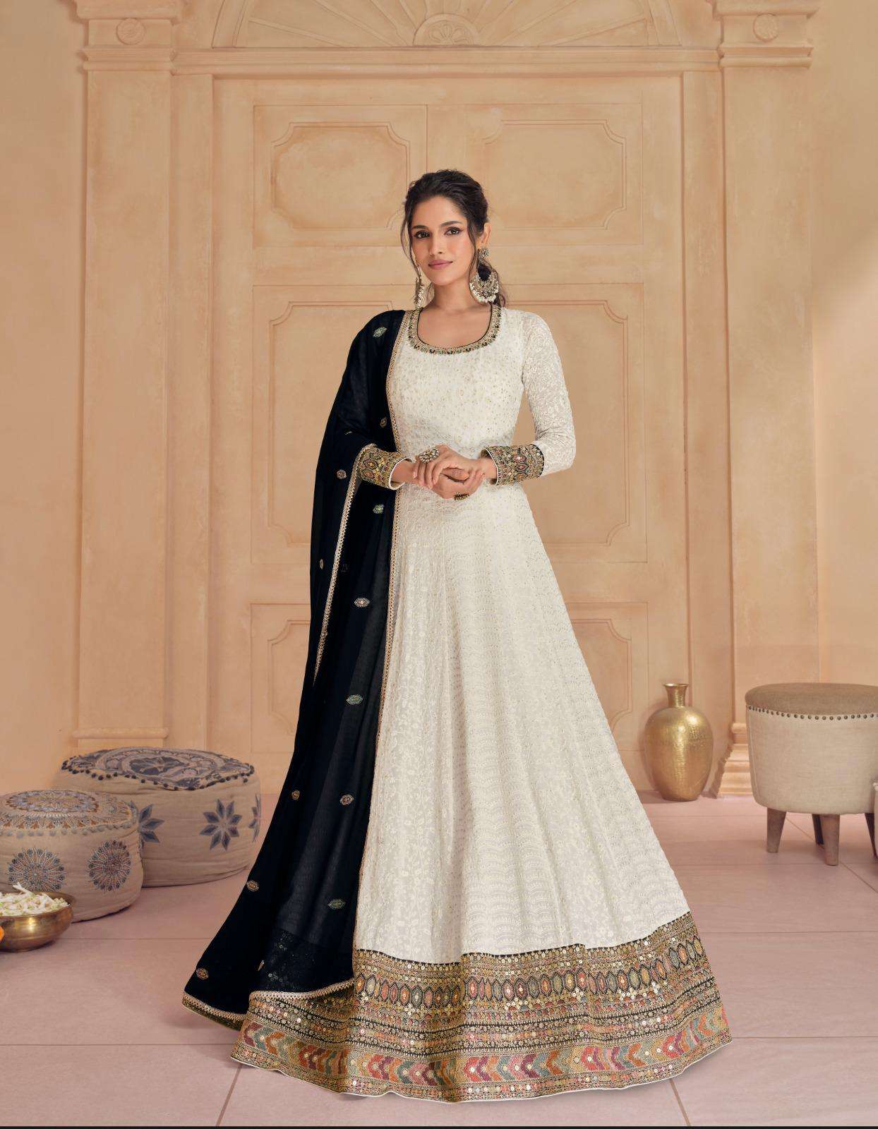 LATEST DESIGNER REAL GEORGETTE WHITE ANARKALI GOWN FOR WEDDING PARTY WEAR SALWAR SUIT LONG GOWN SAYURI DASTOOR 5523