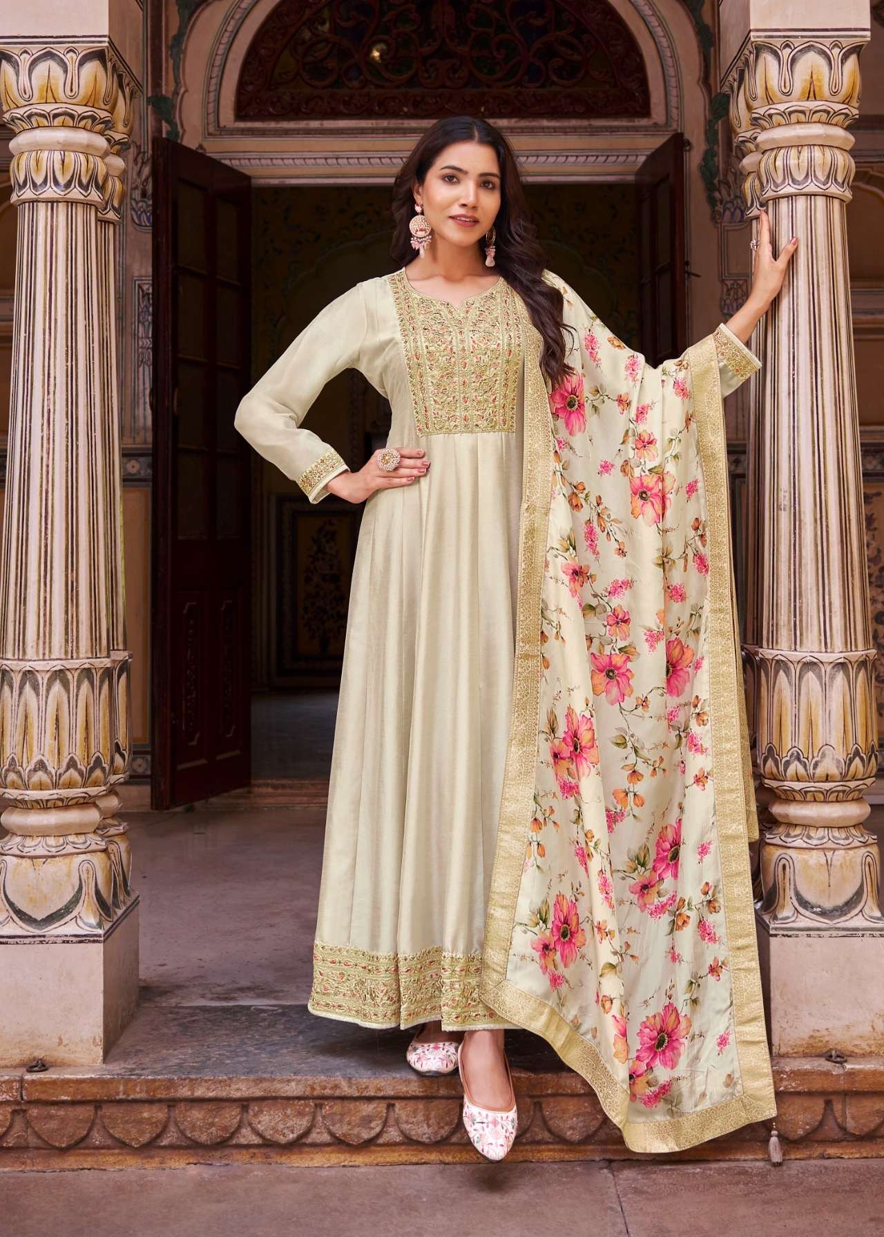 LATEST DESIGNER SILK BEIGE ANARKALI GOWN FOR WEDDING PARTY WEAR SALWAR SUIT LONG GOWN RH RANGMAHAL 5102