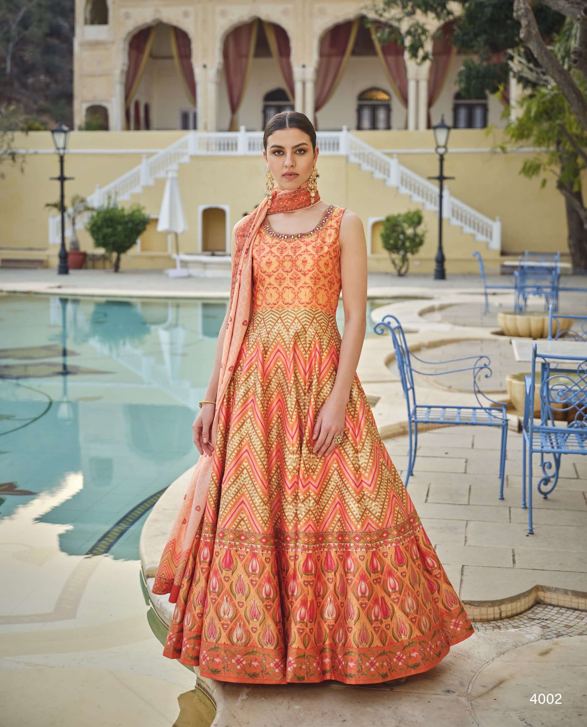 LATEST DESIGNER SILK ORANGE ANARKALI GOWN FOR WEDDING PARTY WEAR SALWAR SUIT LONG GOWN DST VST PESHWAI 4002