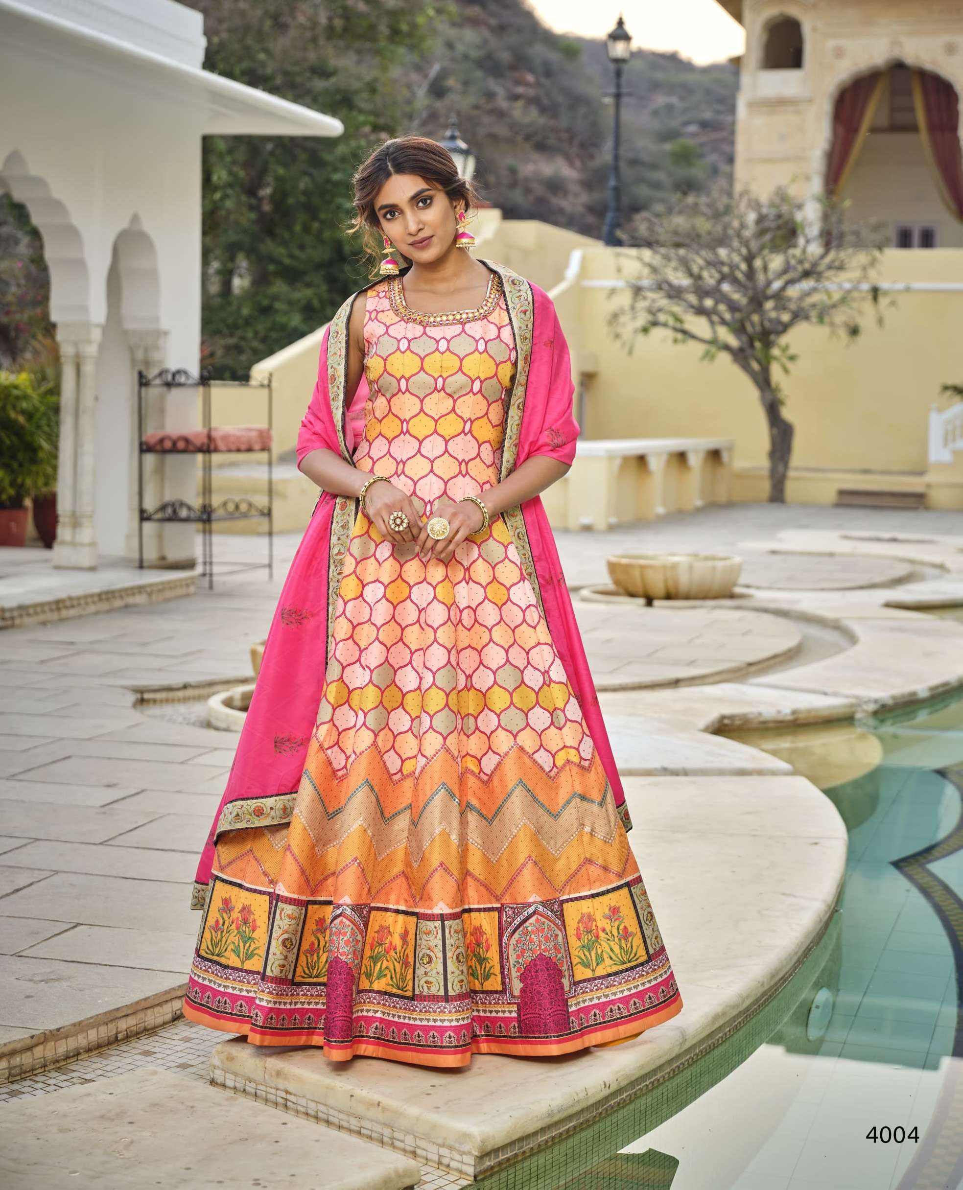 LATEST DESIGNER SILK ORANGE ANARKALI GOWN FOR WEDDING PARTY WEAR SALWAR SUIT LONG GOWN DST VST PESHWAI 4004