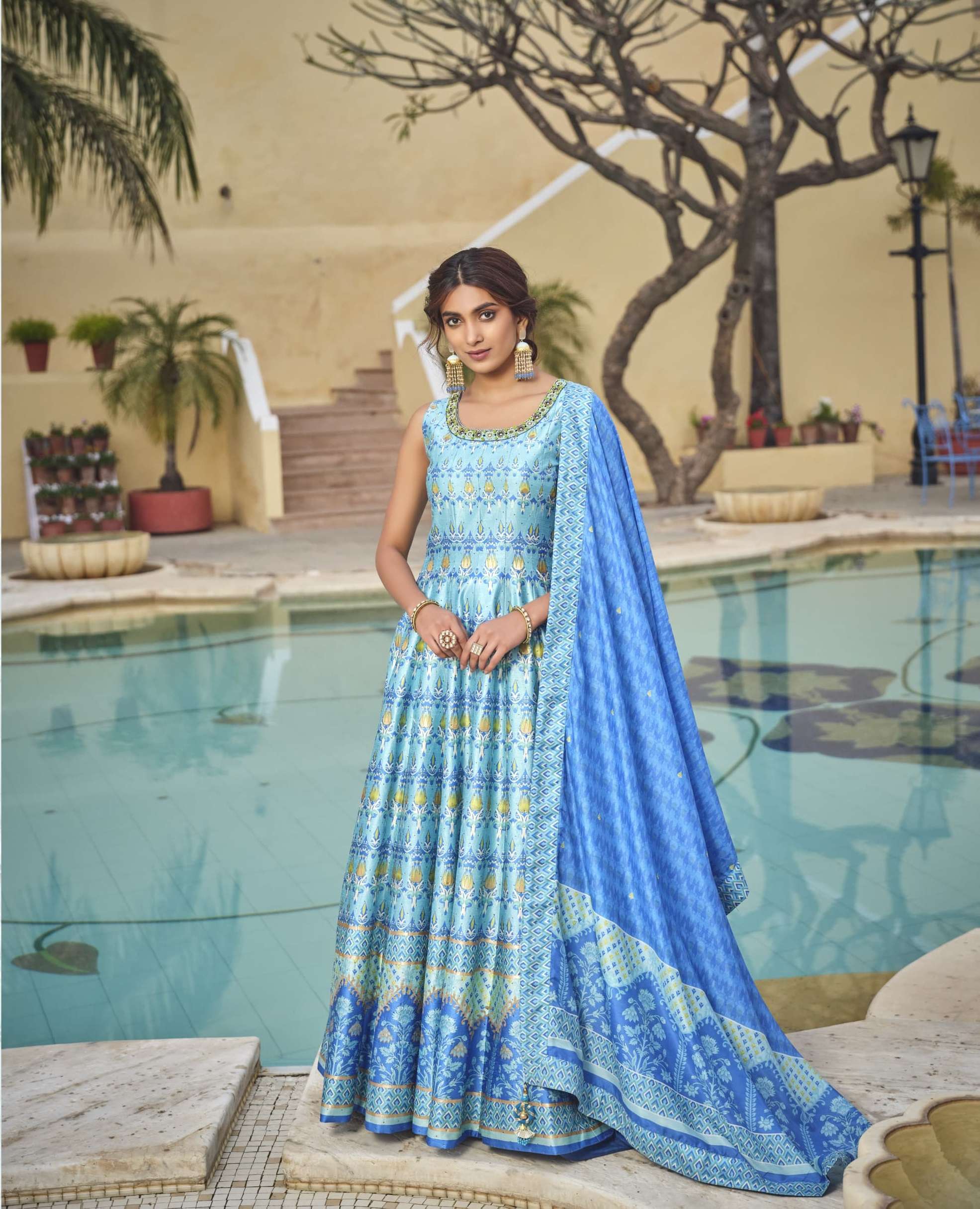 LATEST DESIGNER SILK SKY BLUE ANARKALI GOWN FOR WEDDING PARTY WEAR SALWAR SUIT LONG GOWN DST VST PESHWAI 4003