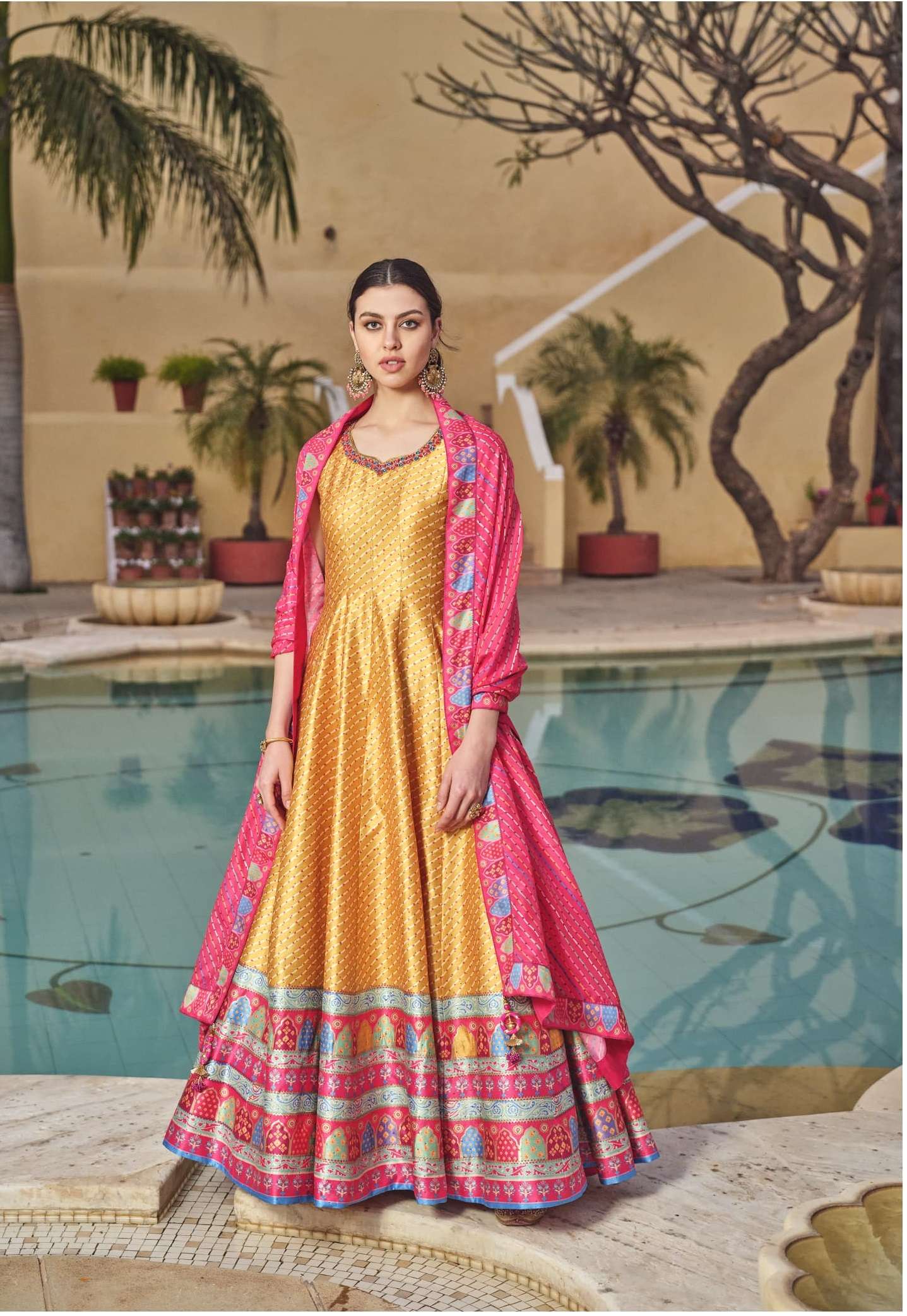 LATEST DESIGNER SILK YELLOW ANARKALI GOWN FOR WEDDING PARTY WEAR SALWAR SUIT LONG GOWN DST VST PESHWAI 4006