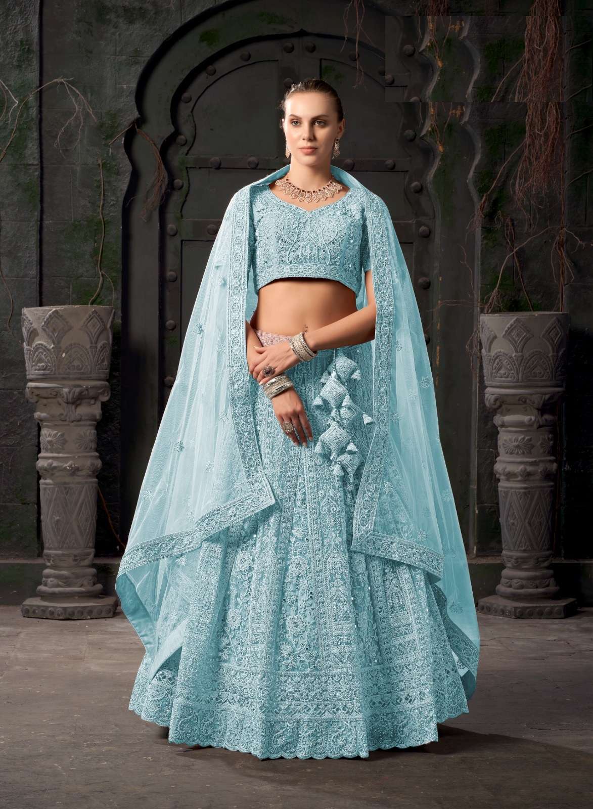 PREMIUM BRIDAL DESIGNER HEAVY NET READY TO WEAR WEDDING SKY BLUE LEHENGA NEW DESIGN SM ANTSH BRIDALE COUTURE 9011 A