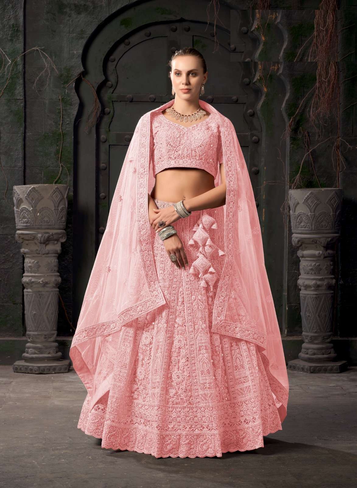 PREMIUM BRIDAL DESIGNER HEAVY NET READY TO WEAR WEDDING PINK LEHENGA NEW DESIGN SM ANTSH BRIDALE COUTURE 9011 B