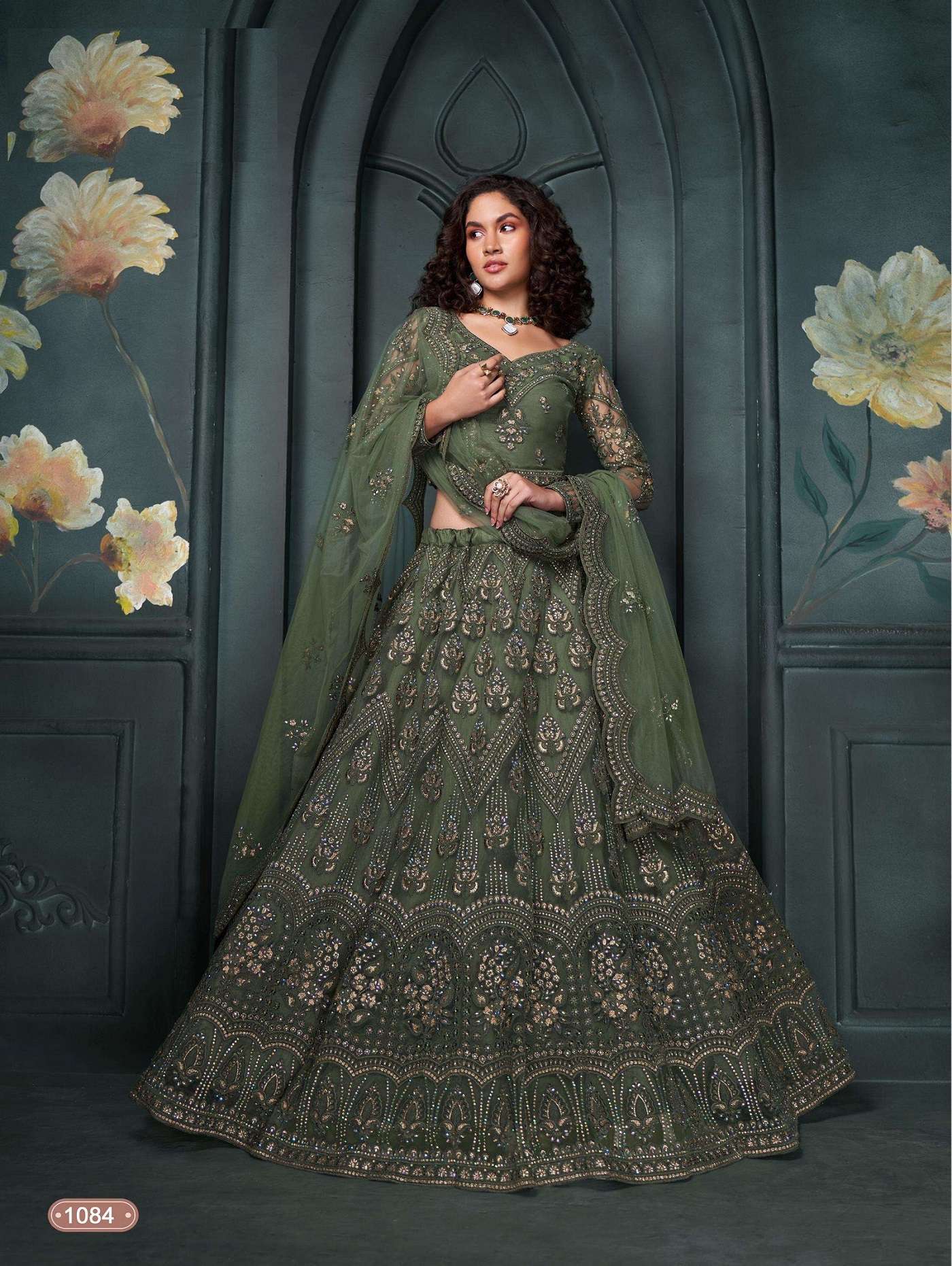 PREMIUM MAHENDI GREEN BRIDAL DESIGNER HEAVY NET LEHENGA NEW DESIGN ALZ BRIDAL HERITAGE 1084