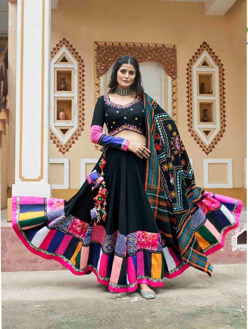 READY TO WEAR BLACK NAVRATRI RAYON COTTON LEHENGA CUM GAMTHI LEHENGA MIRROR WORK CHOLI KF RAAS 2421