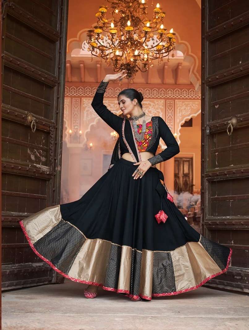 READY TO WEAR NAVRATRI RAYON COTTON BLACK LEHENGA CUM GAMTHI LEHENGA MIRROR WORK CHOLI KF RAAS 2434