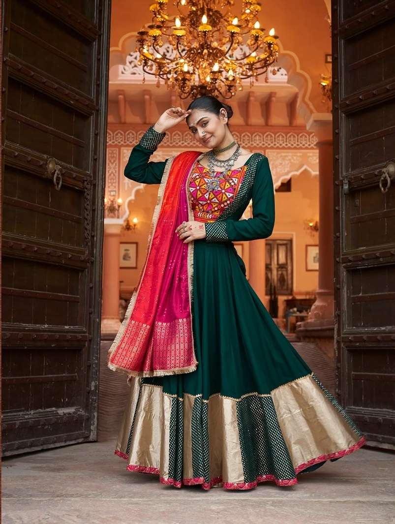 READY TO WEAR NAVRATRI RAYON COTTON GREEN LEHENGA CUM GAMTHI LEHENGA MIRROR WORK CHOLI KF RAAS 2435